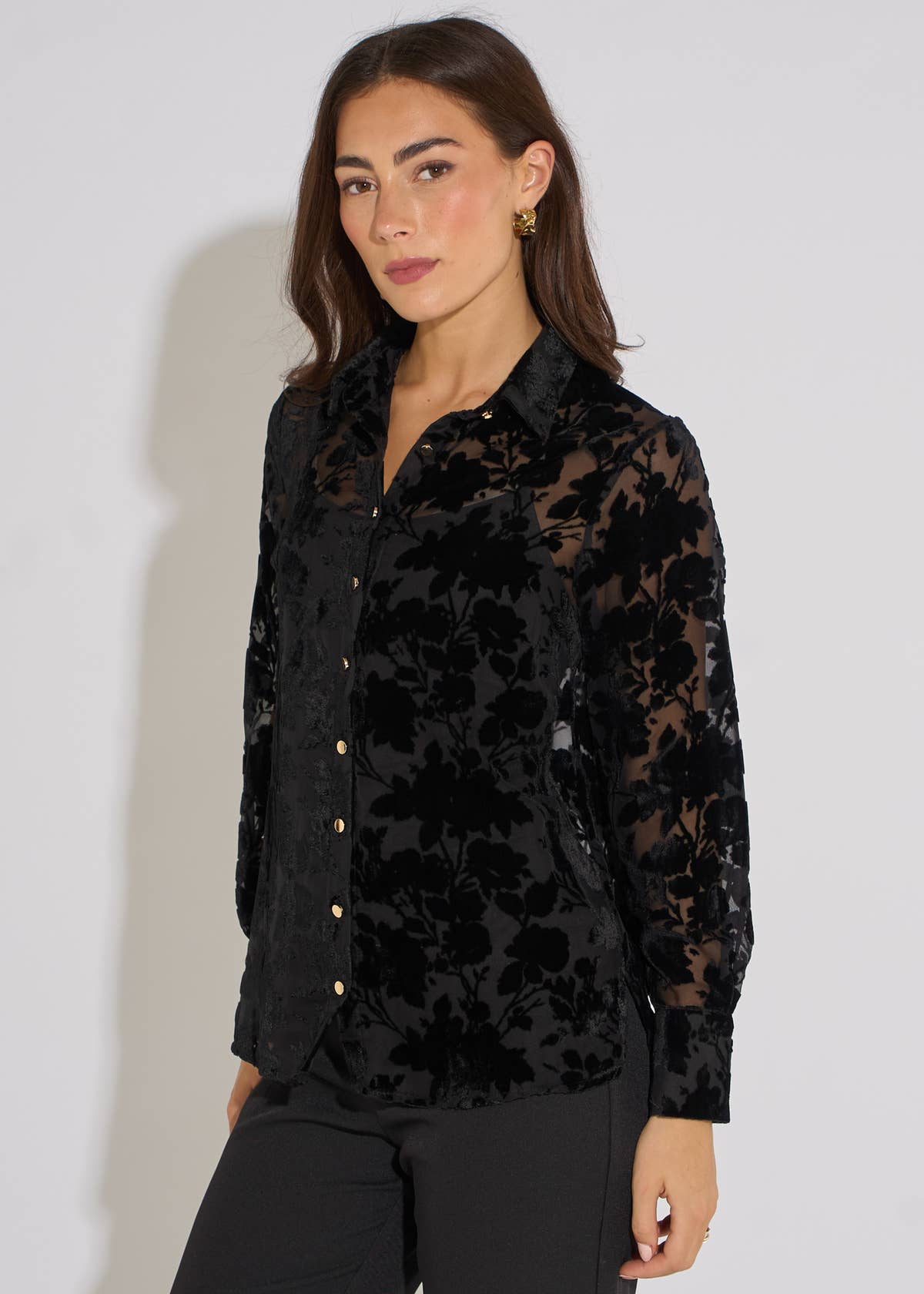 Black Floral Burnout Long Sleeves Shirt– View 1 | Gini London