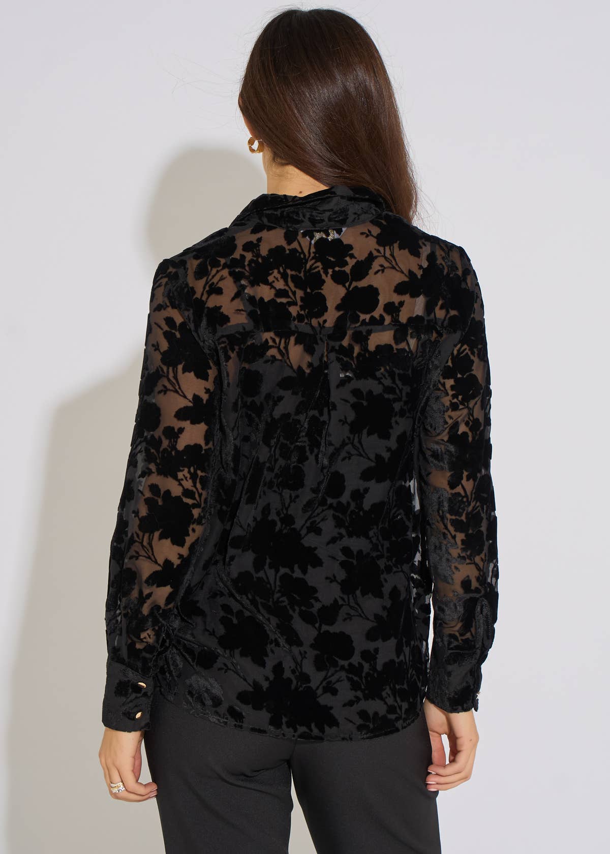 Black Floral Burnout Long Sleeves Shirt– View 1 | Gini London