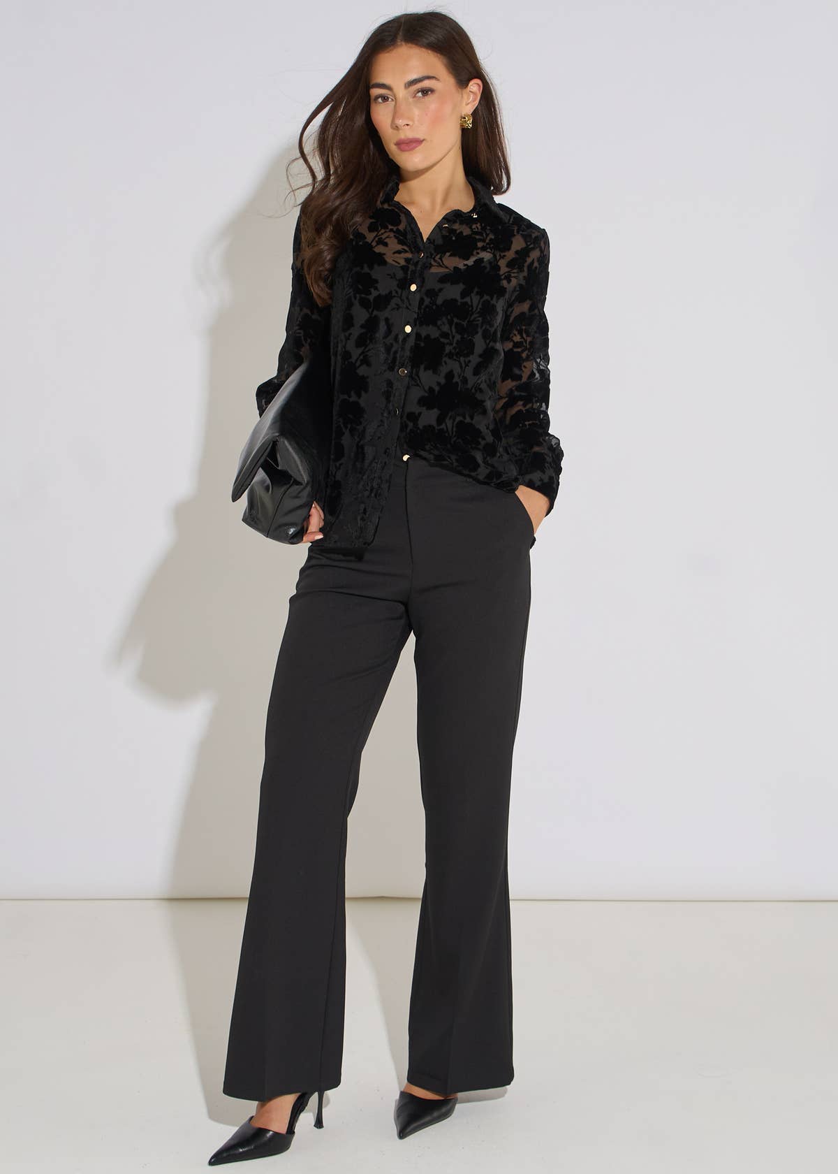 Black Floral Burnout Long Sleeves Shirt– View 1 | Gini London