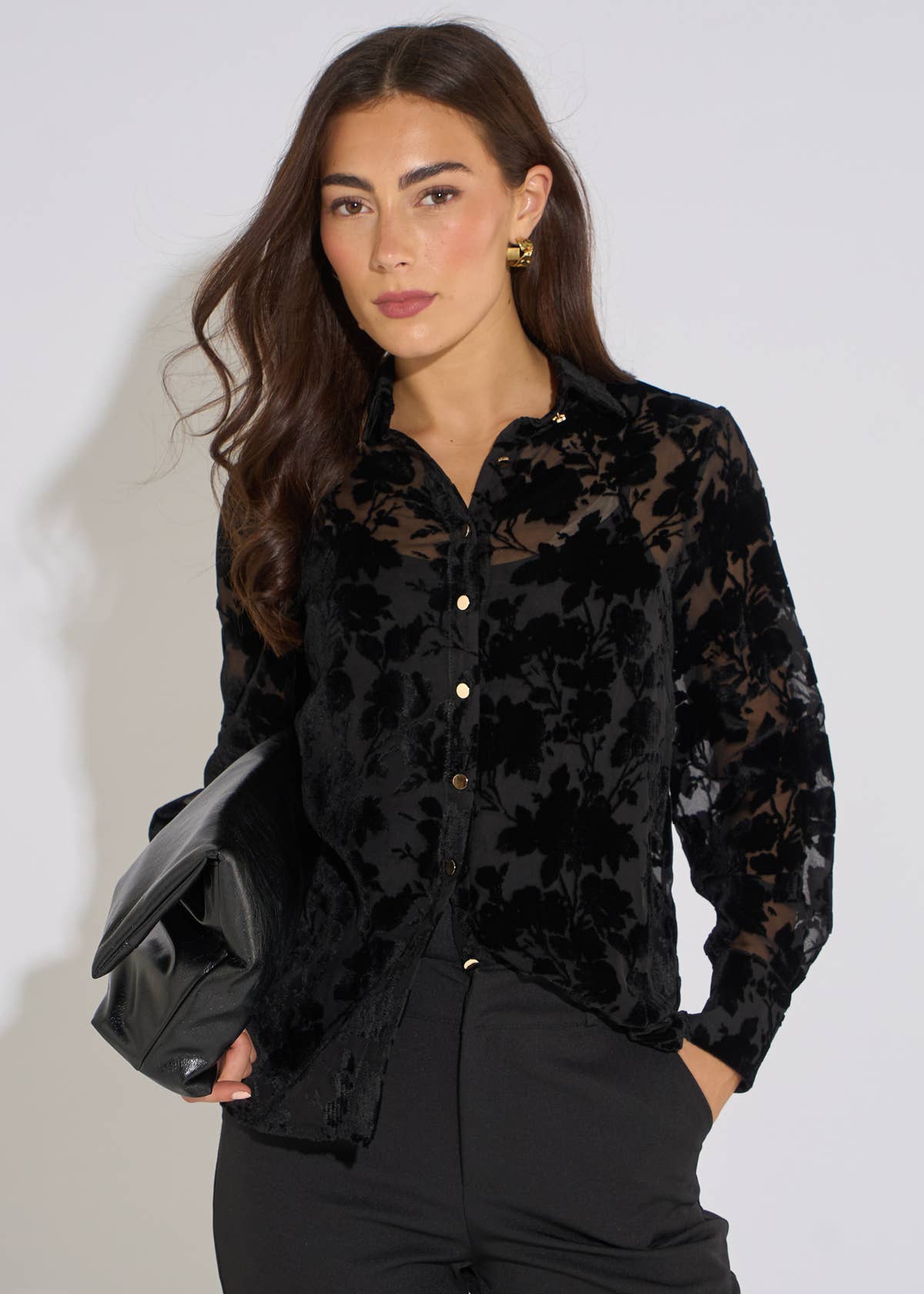 Black Floral Burnout Long Sleeves Shirt– View 1 | Gini London