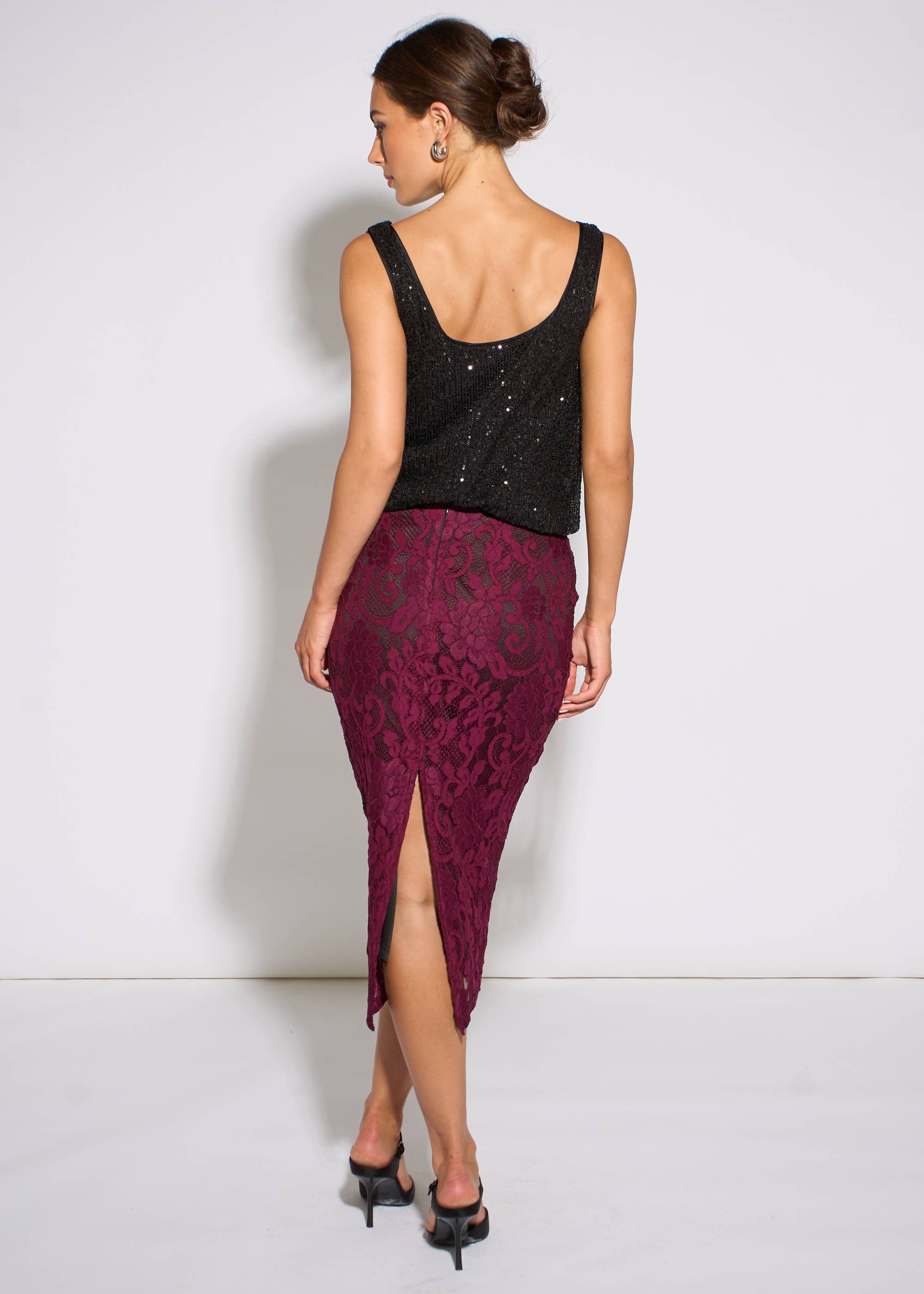 Plum Corded Lace Pencil Midi Skirt