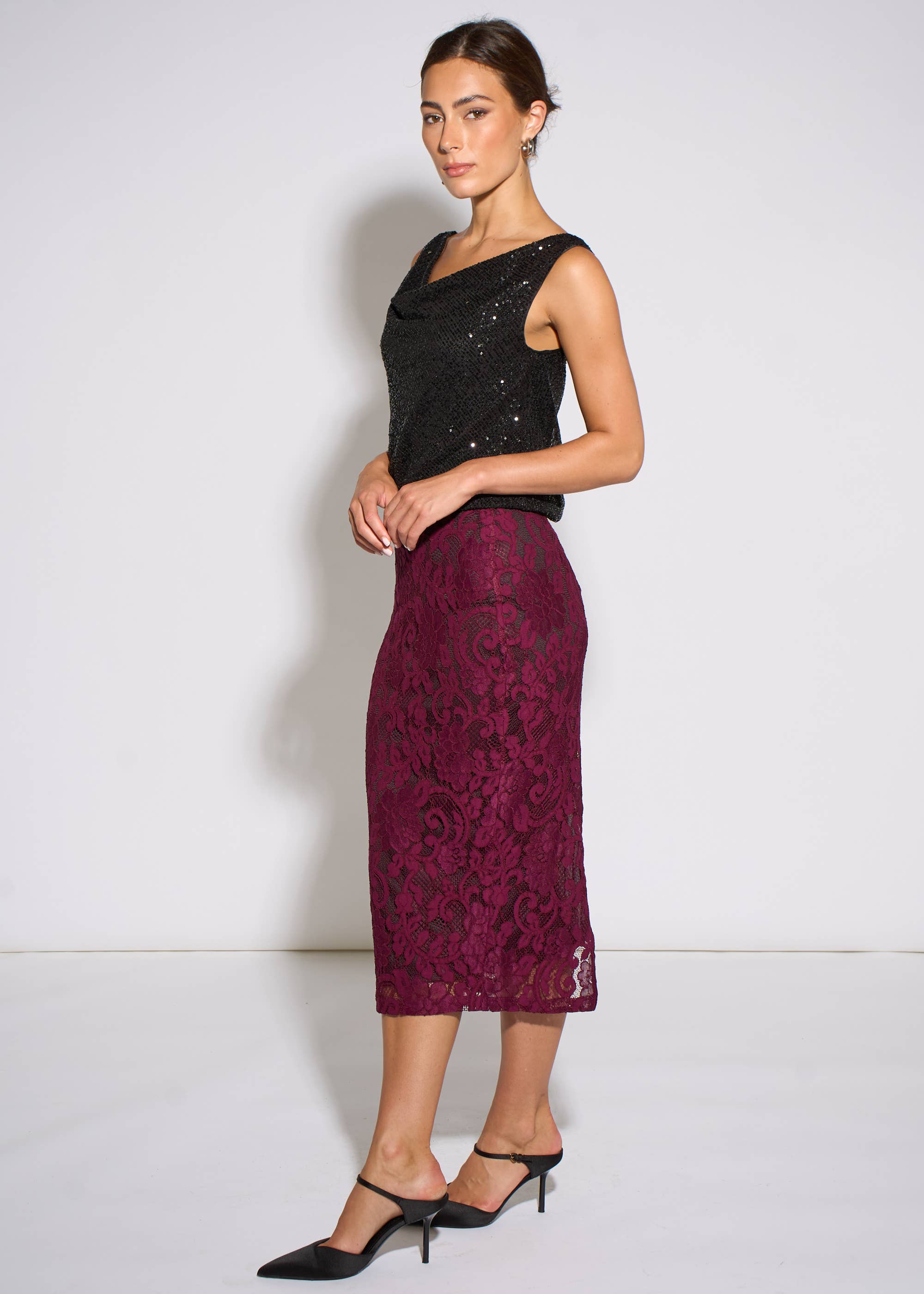 Plum Corded Lace Pencil Midi Skirt