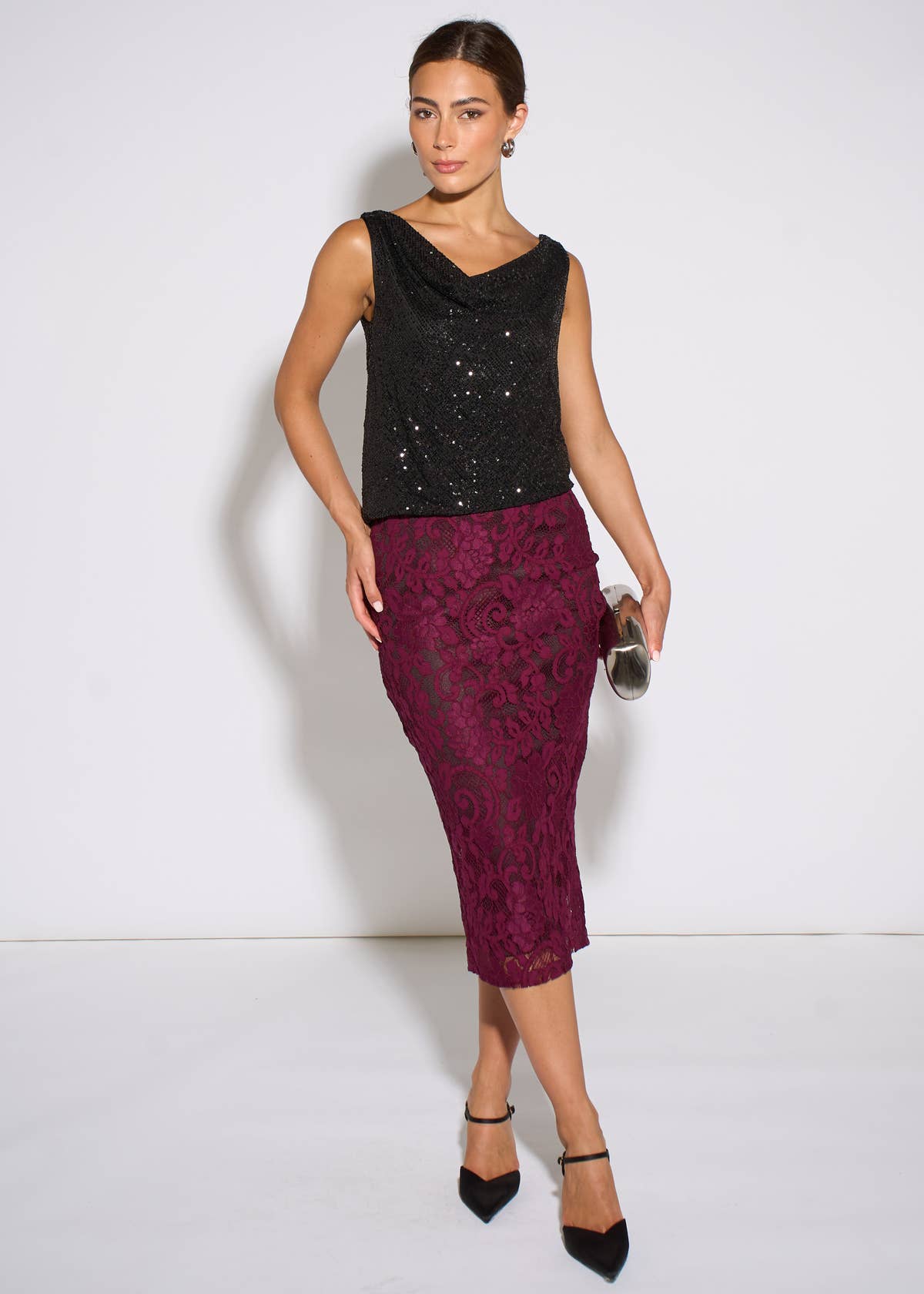 Plum Corded Lace Pencil Midi Skirt
