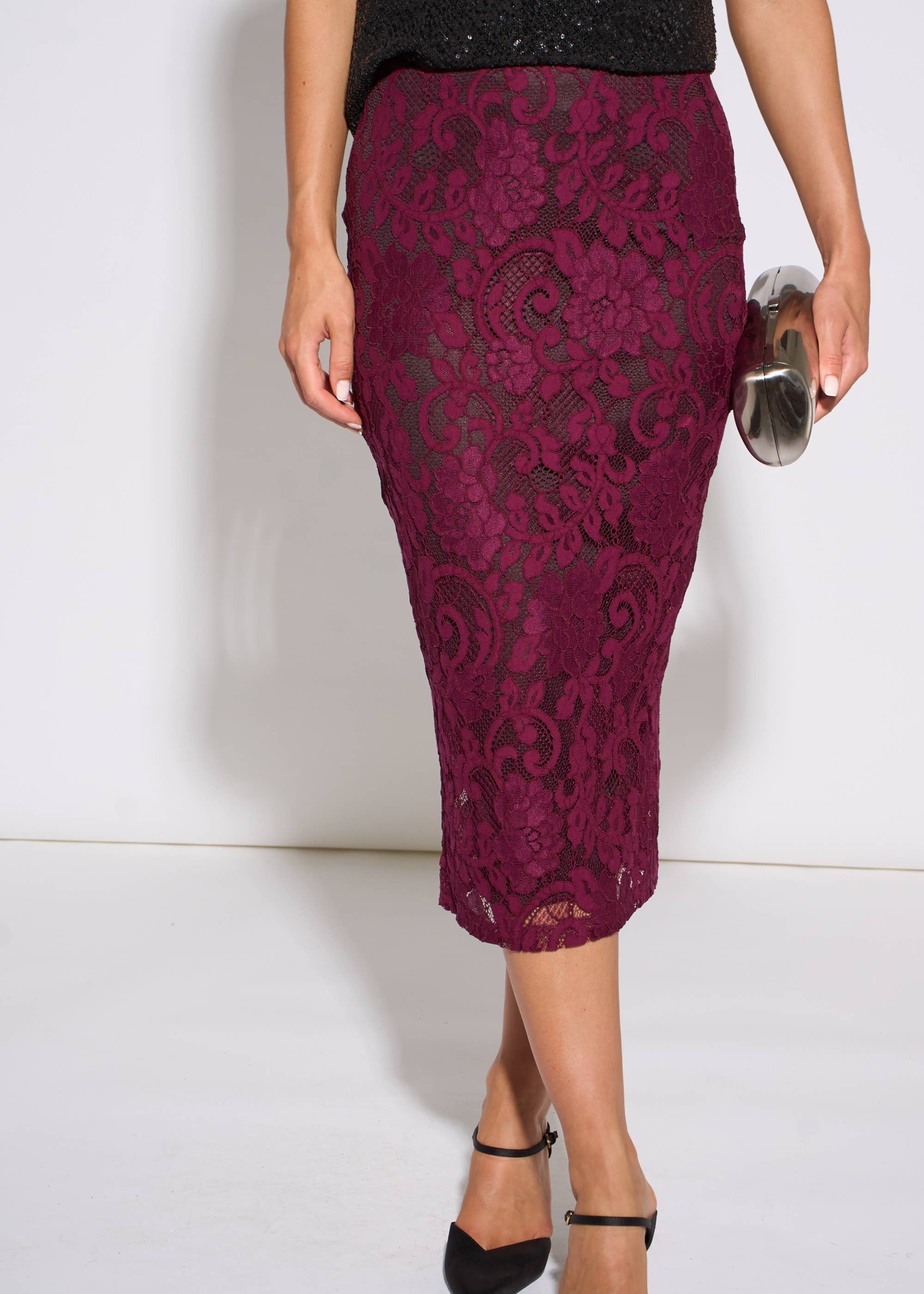 Plum Corded Lace Pencil Midi Skirt