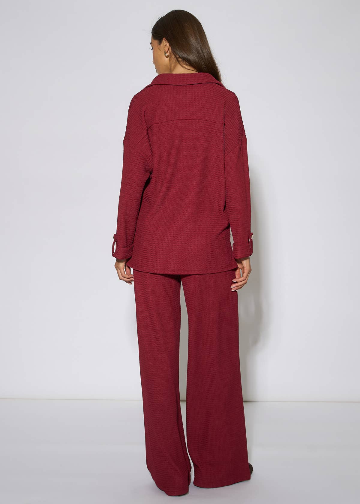 Mulberry Textured V Neck Roll Up Sleeves Top