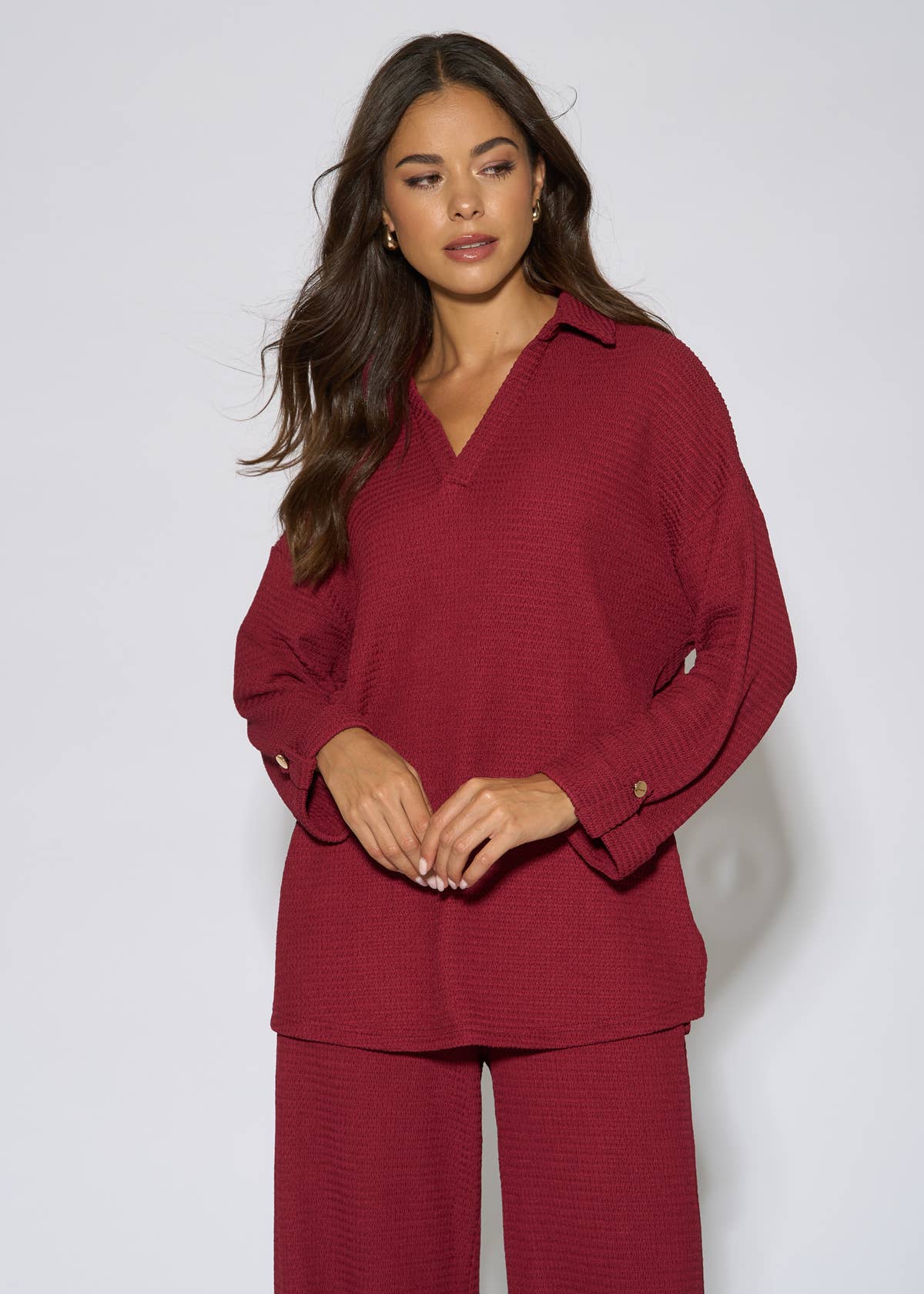 Mulberry Textured V Neck Roll Up Sleeves Top