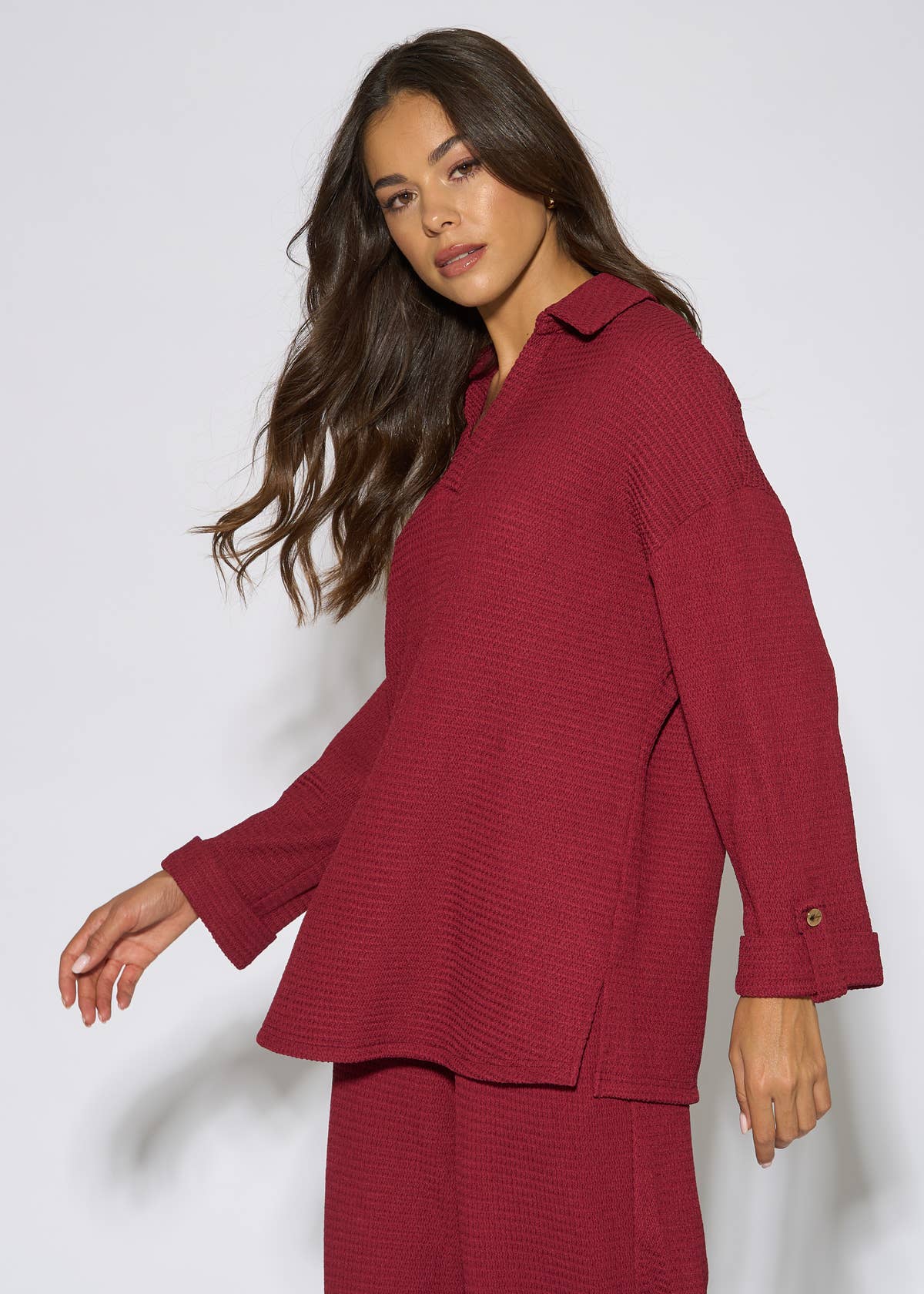 Mulberry Textured V Neck Roll Up Sleeves Top