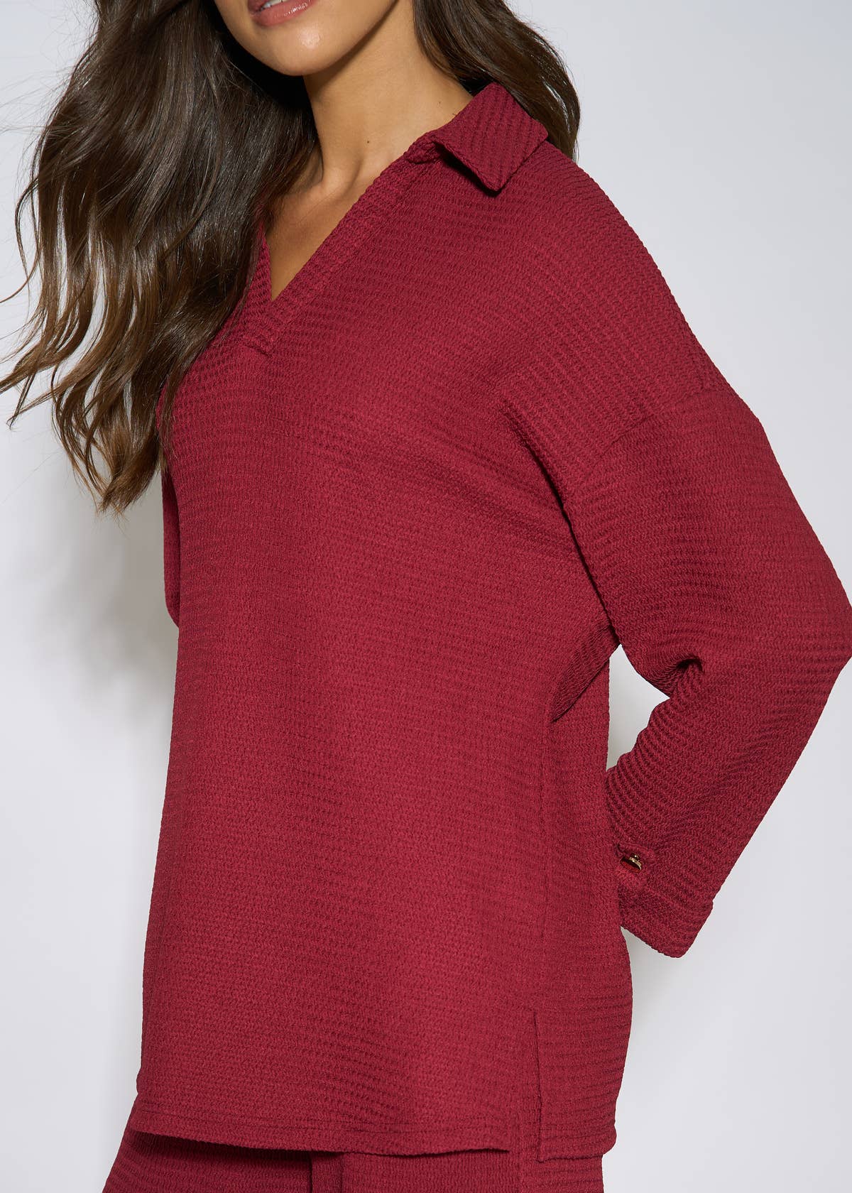Mulberry Textured V Neck Roll Up Sleeves Top