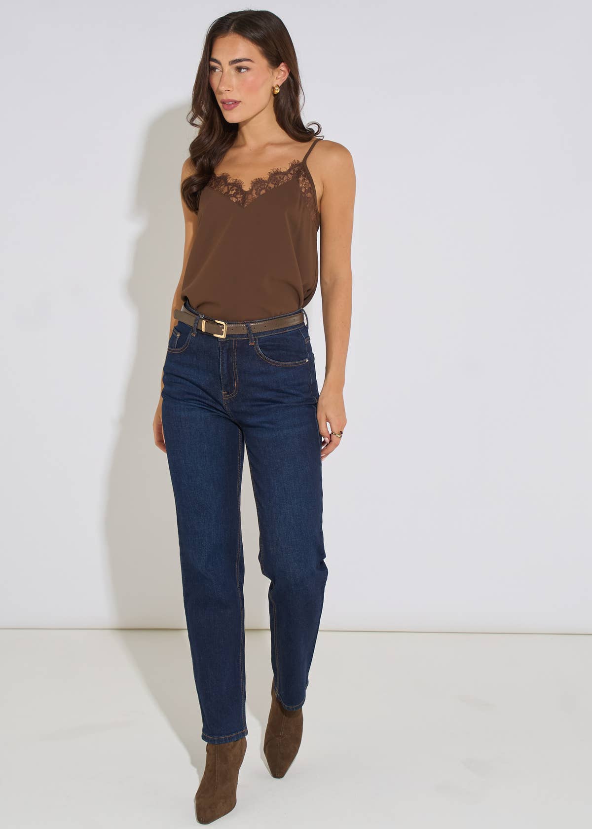 Brown Lace Trim Strappy Cami– View 4 | Gini London