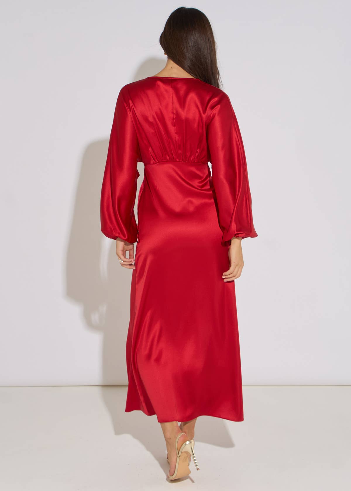 Red V Neck Batwing Blouson Sleeves Satin Midaxi Dress