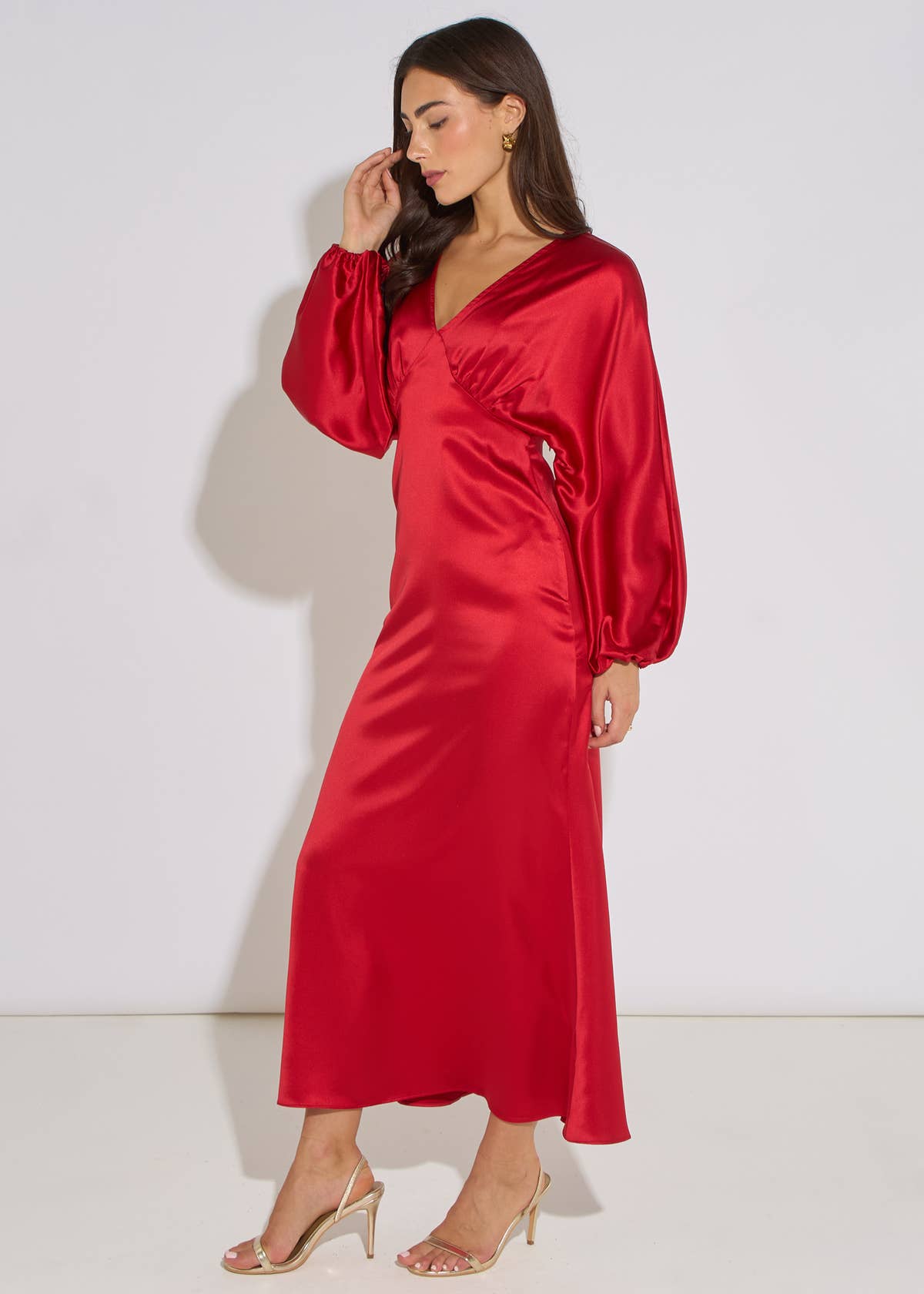Red V Neck Batwing Blouson Sleeves Satin Midaxi Dress