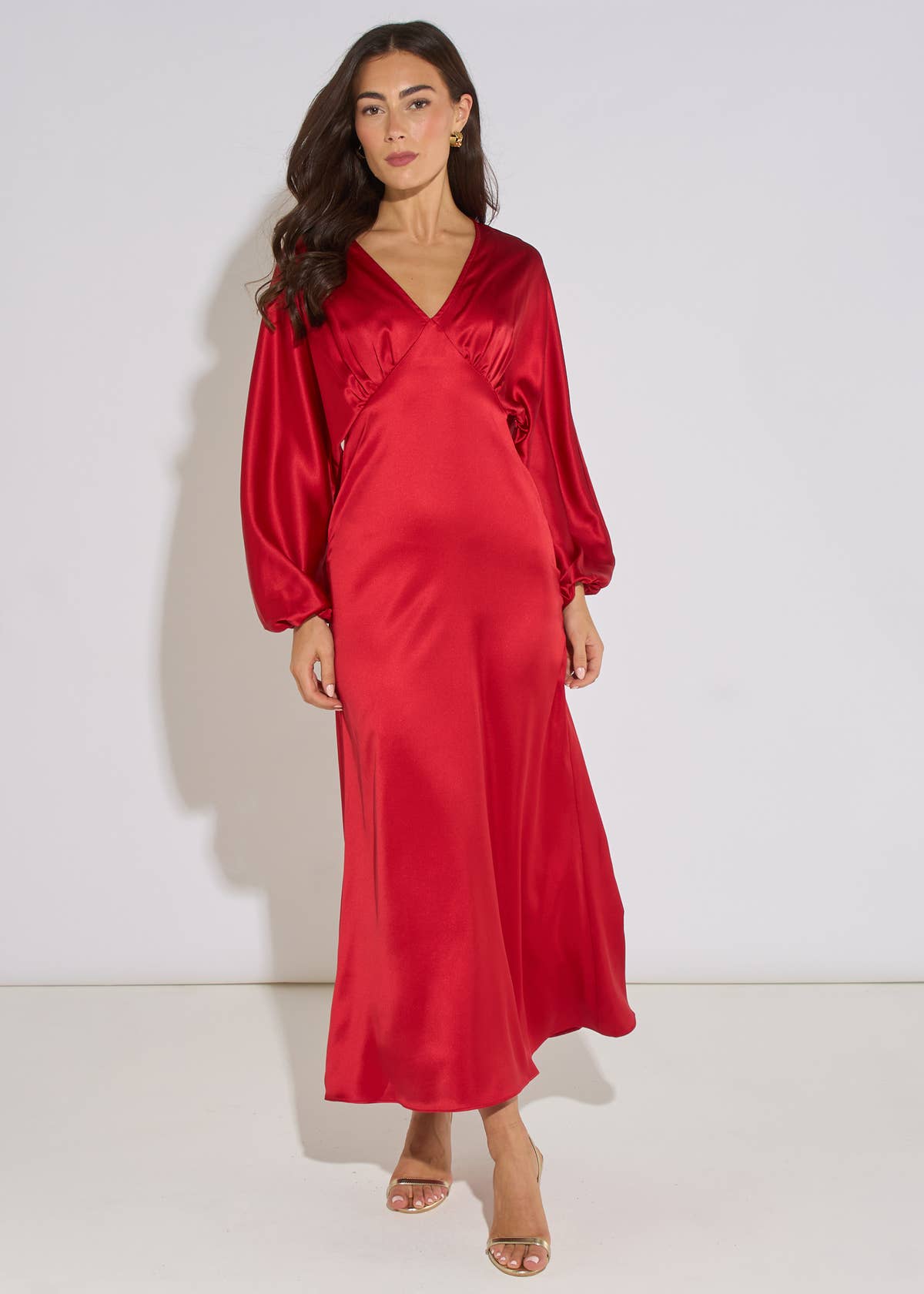 Red V Neck Batwing Blouson Sleeves Satin Midaxi Dress