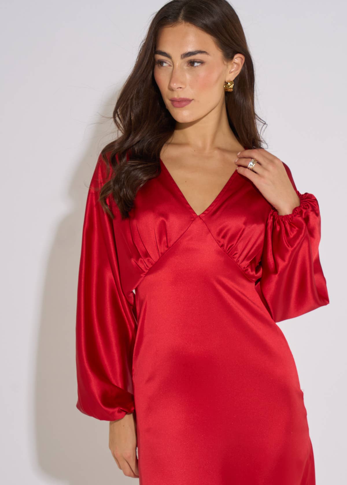 Red V Neck Batwing Blouson Sleeves Satin Midaxi Dress