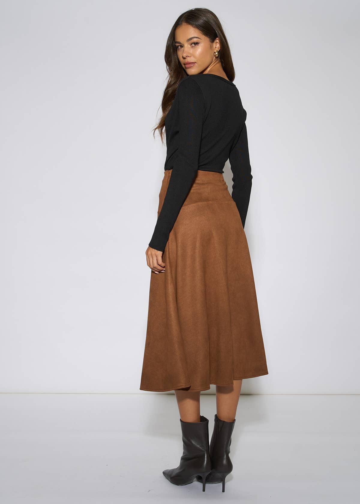 Tan Suede A Line Midi Skirt – View 2 | Gini London
