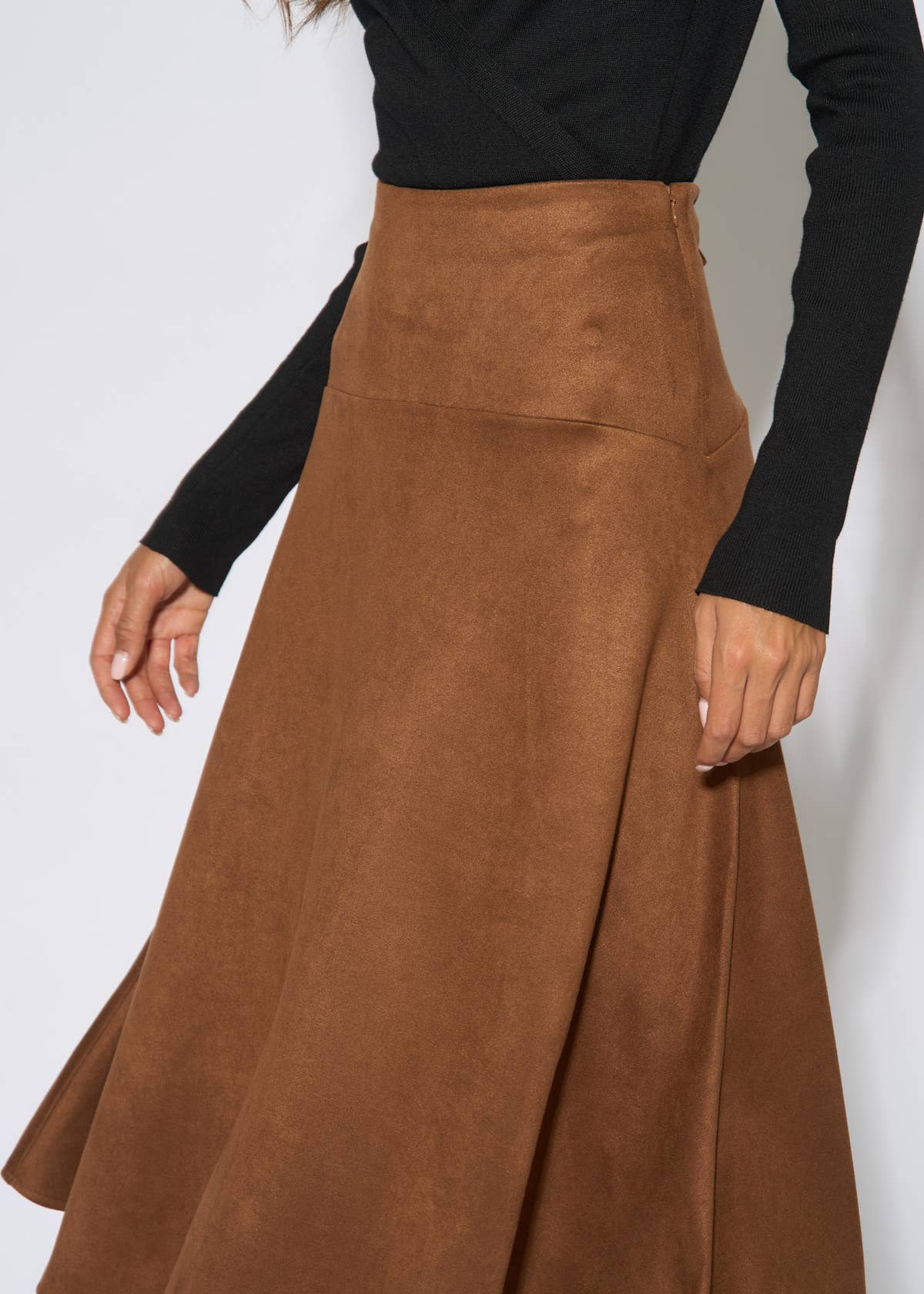 Tan Suede A Line Midi Skirt – View 3 | Gini London