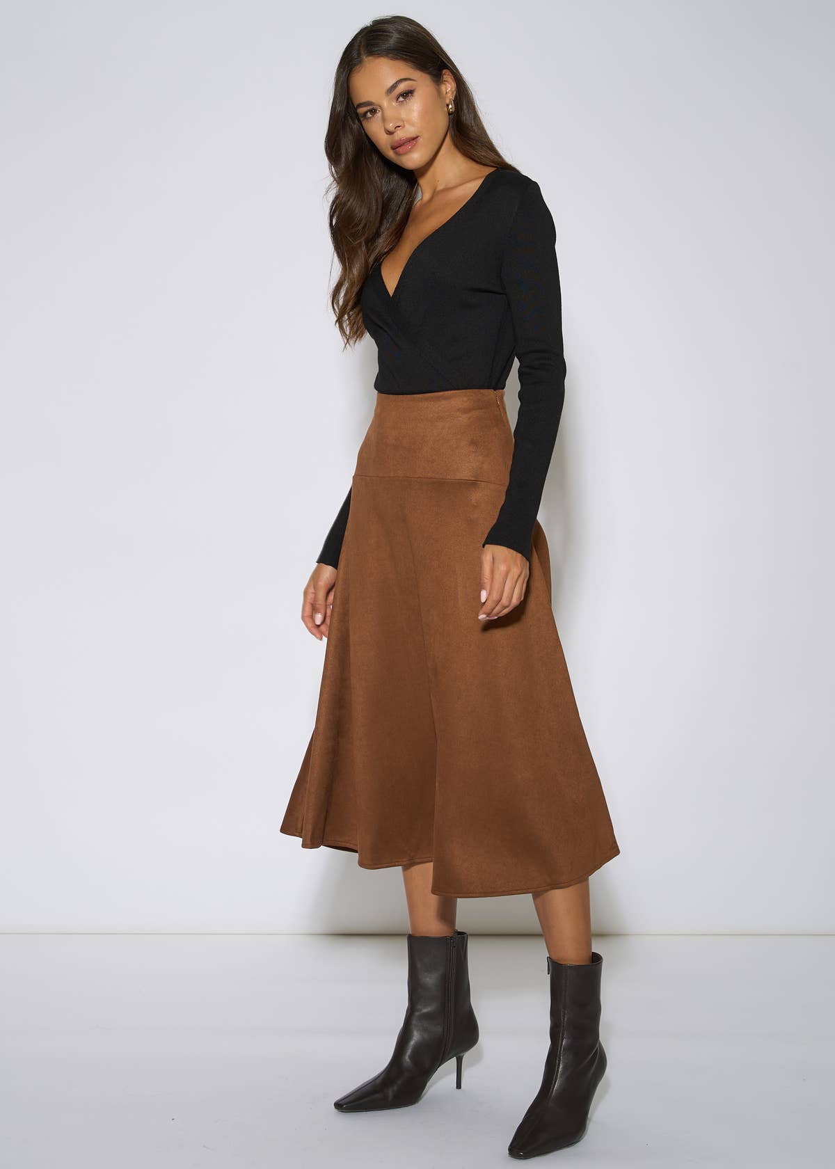 Tan Suede A Line Midi Skirt – View 4 | Gini London