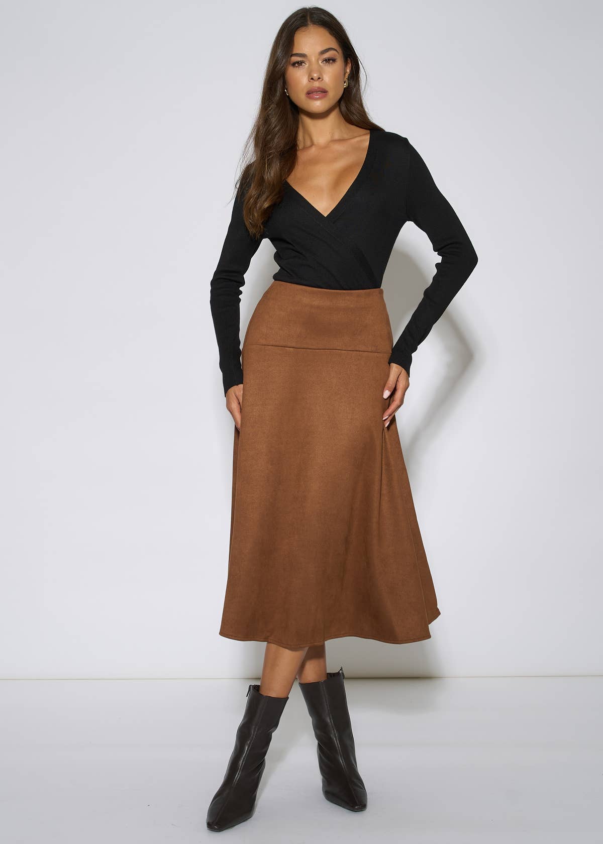 Tan Suede A Line Midi Skirt – View 1 | Gini London