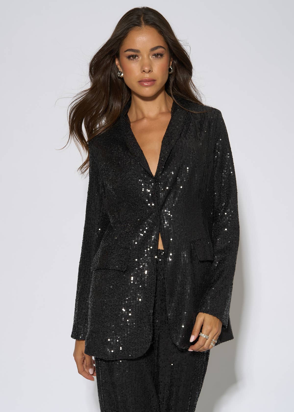 Black Sequin Edge to Edge Blazer – View 1 | Gini London