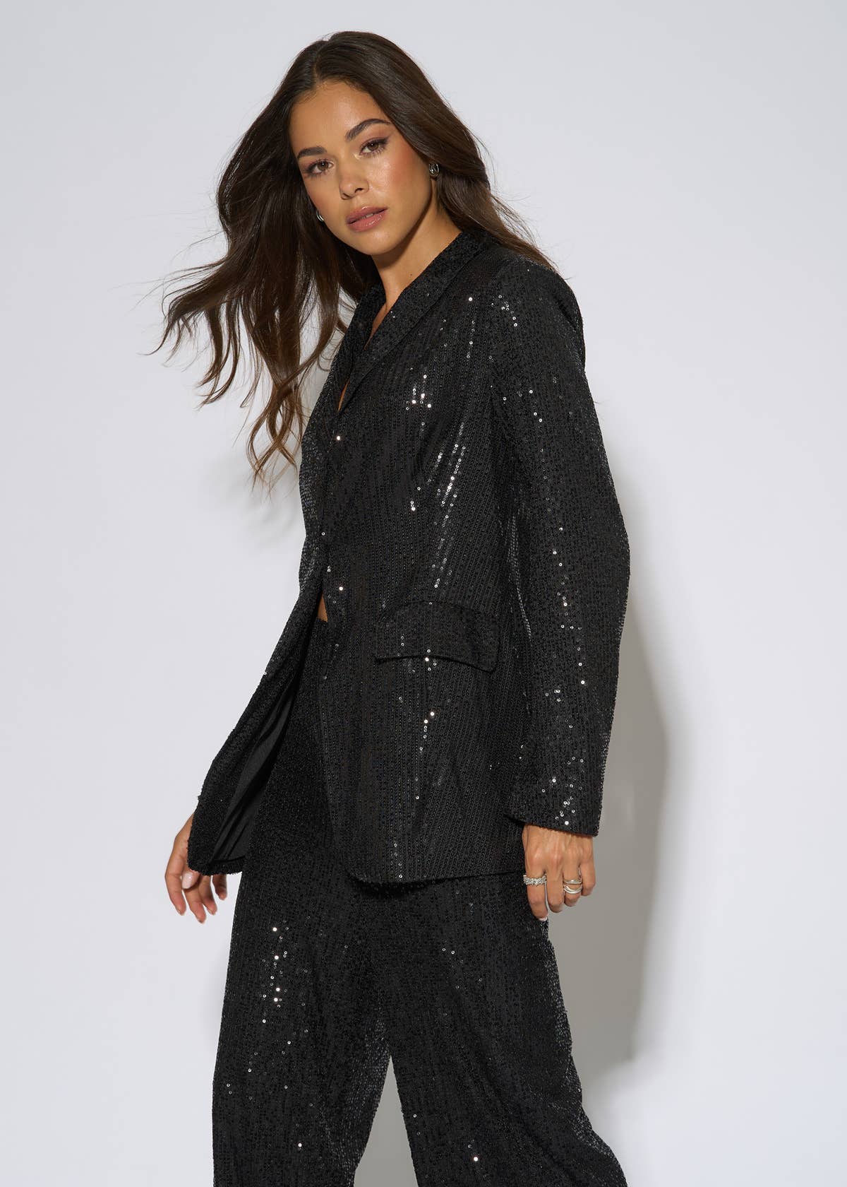 Black Sequin Edge to Edge Blazer – View 4 | Gini London