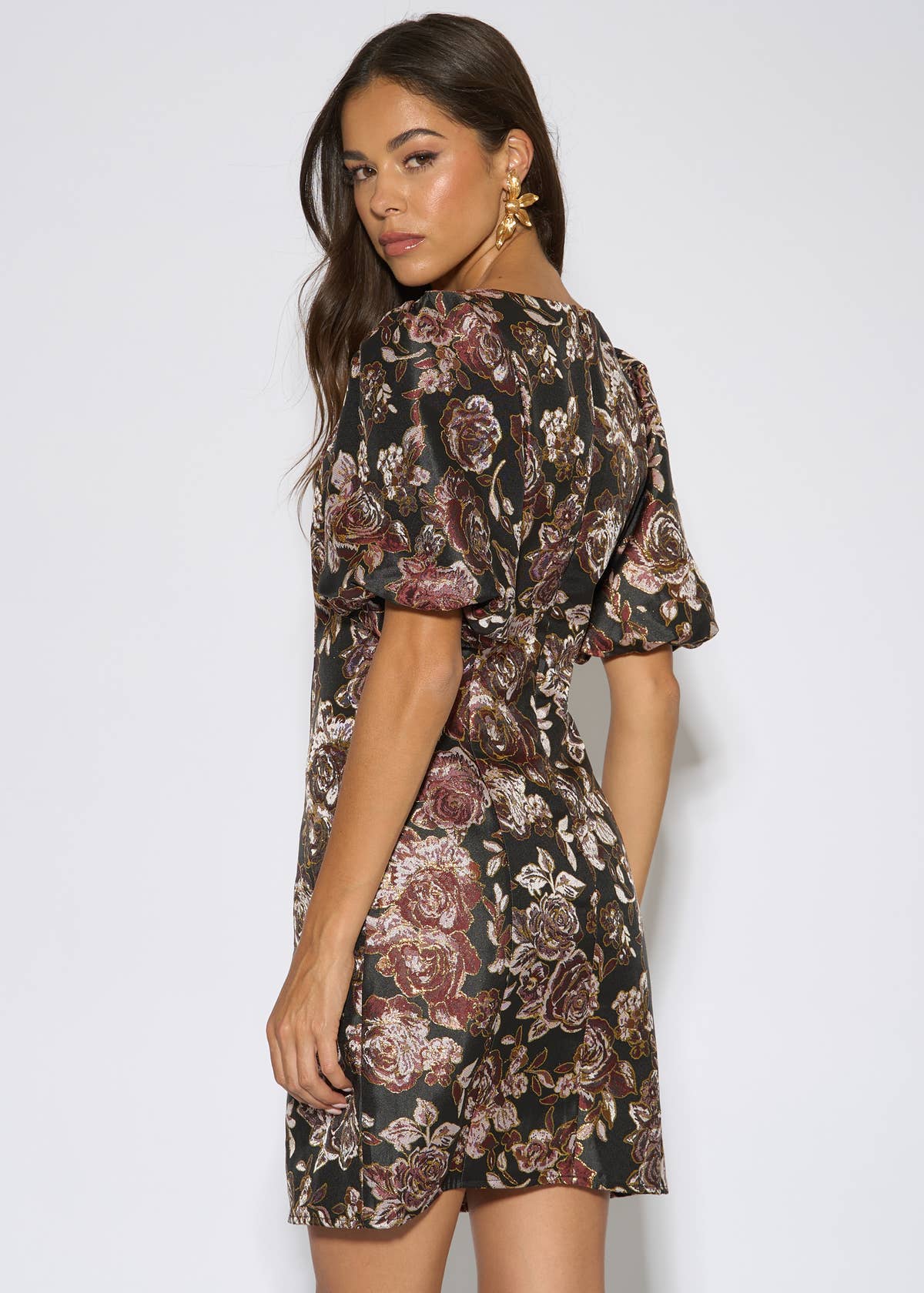 Black Floral Jacquard Puff Sleeves Mini Dress – View 6 | Gini London