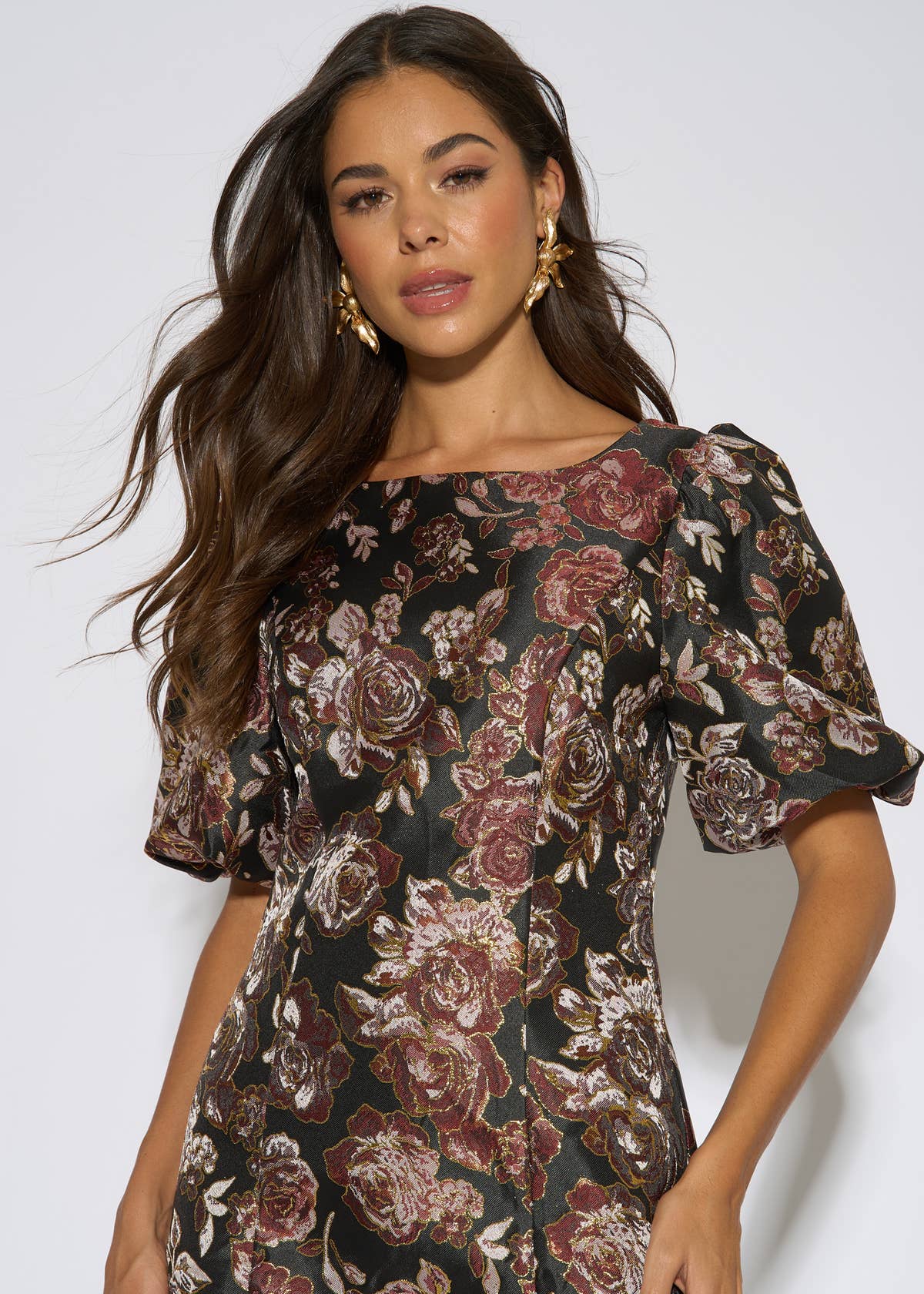 Black Floral Jacquard Puff Sleeves Mini Dress – View 7 | Gini London