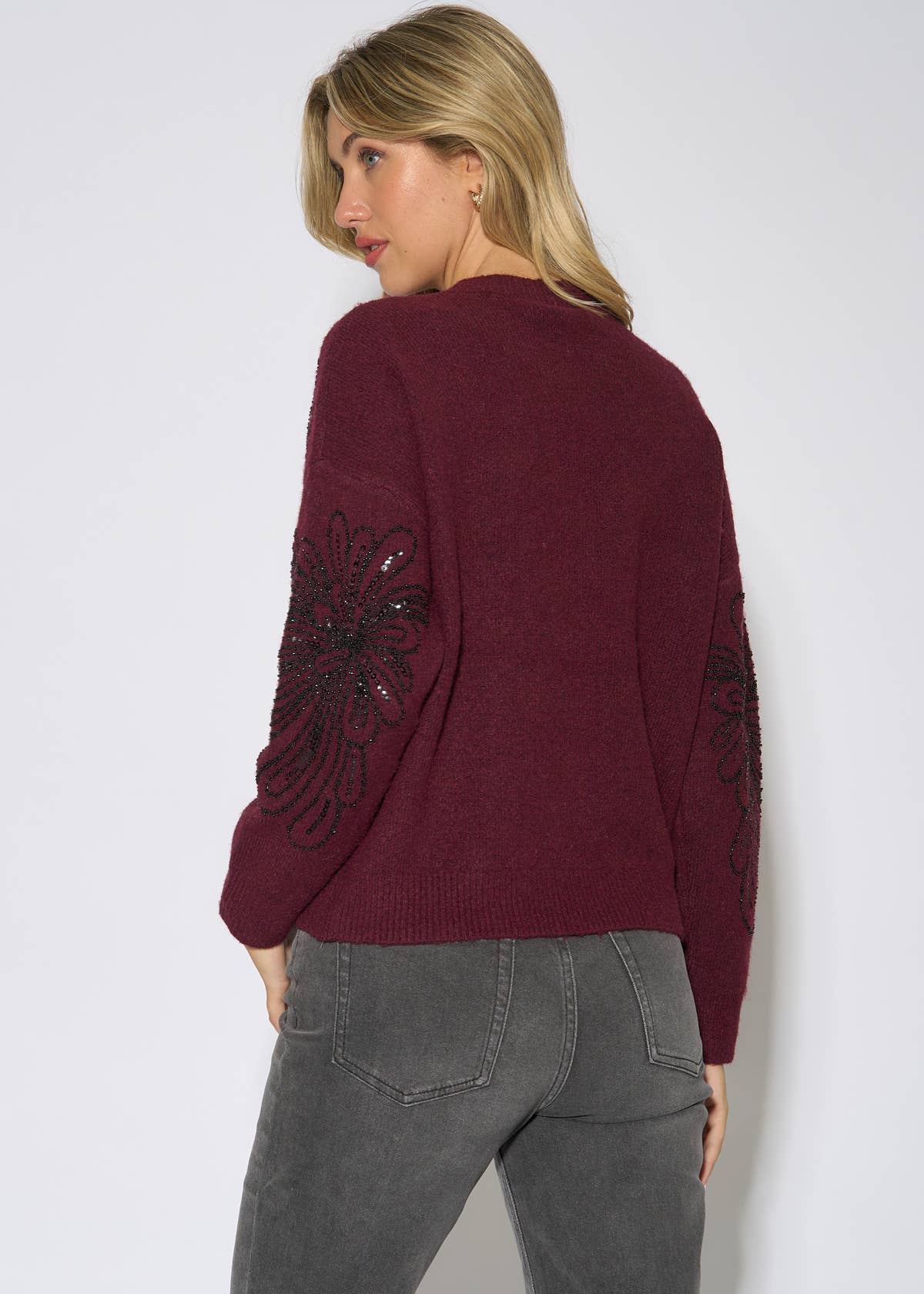 Mulberry Floral Beaded Recycle Content Mix Jumper – View 2 | Gini London