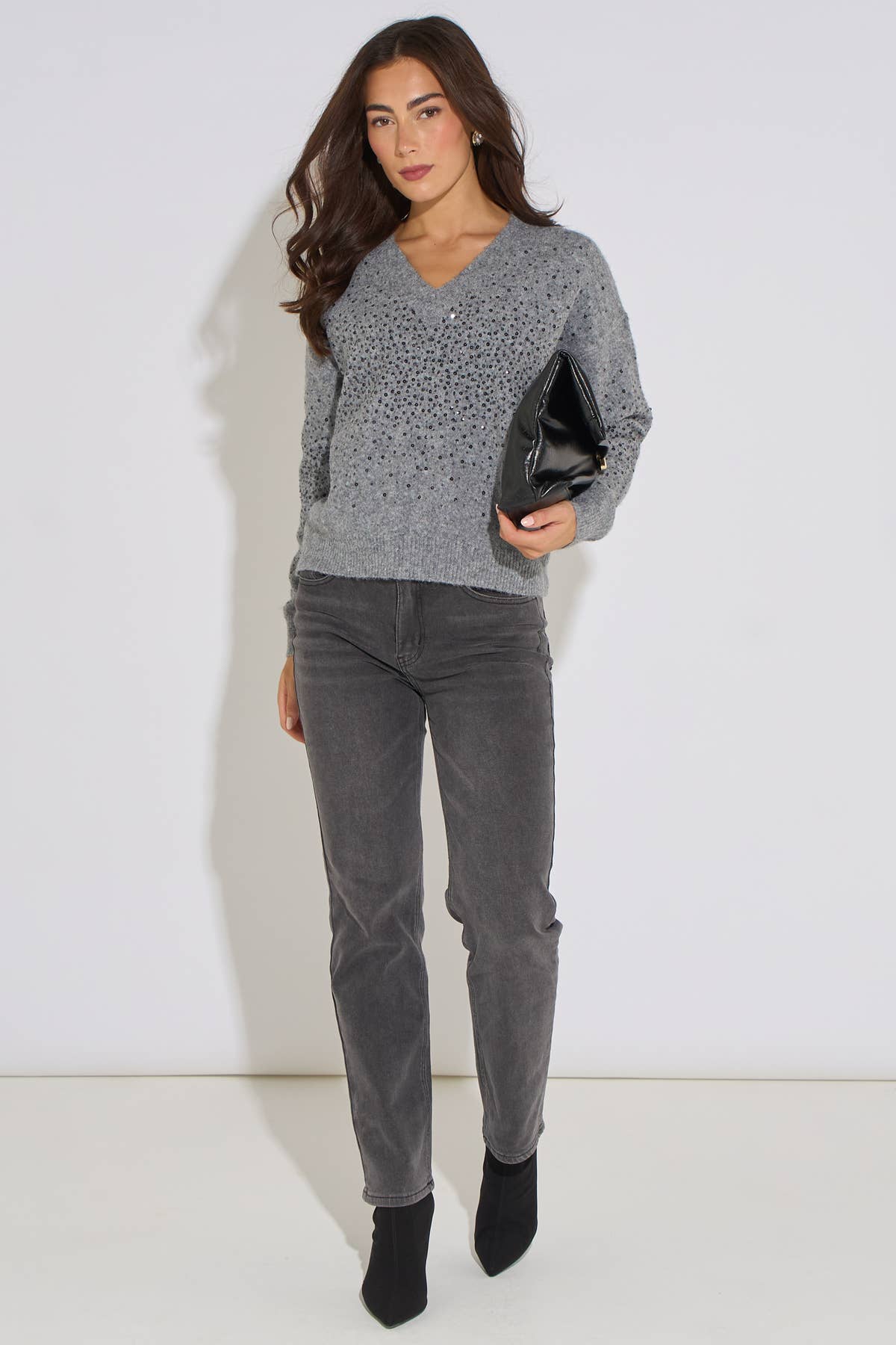 Grey Marl Recycled Polyester Mix Contrast Diamante Knit Jumper– View 1 | Gini London
