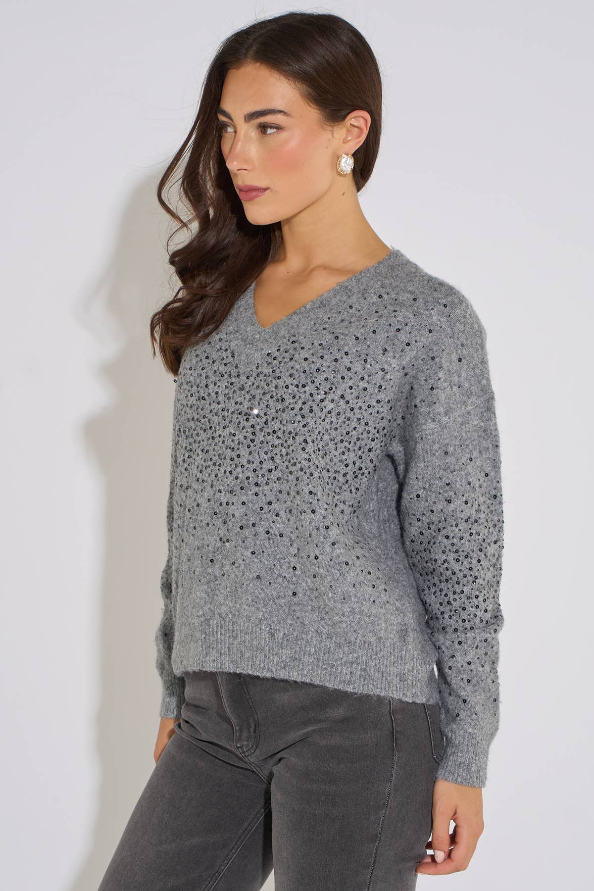 Grey Marl Recycled Polyester Mix Contrast Diamante Knit Jumper– View 1 | Gini London