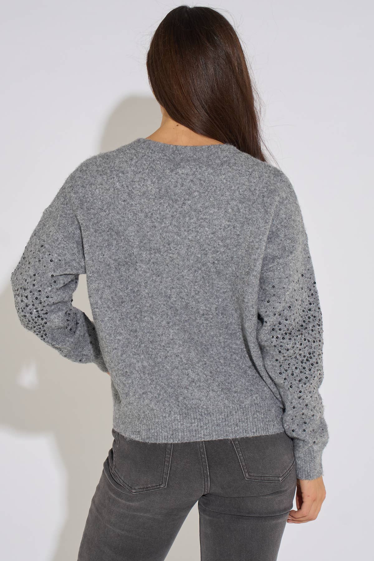 Grey Marl Recycled Polyester Mix Contrast Diamante Knit Jumper– View 1 | Gini London