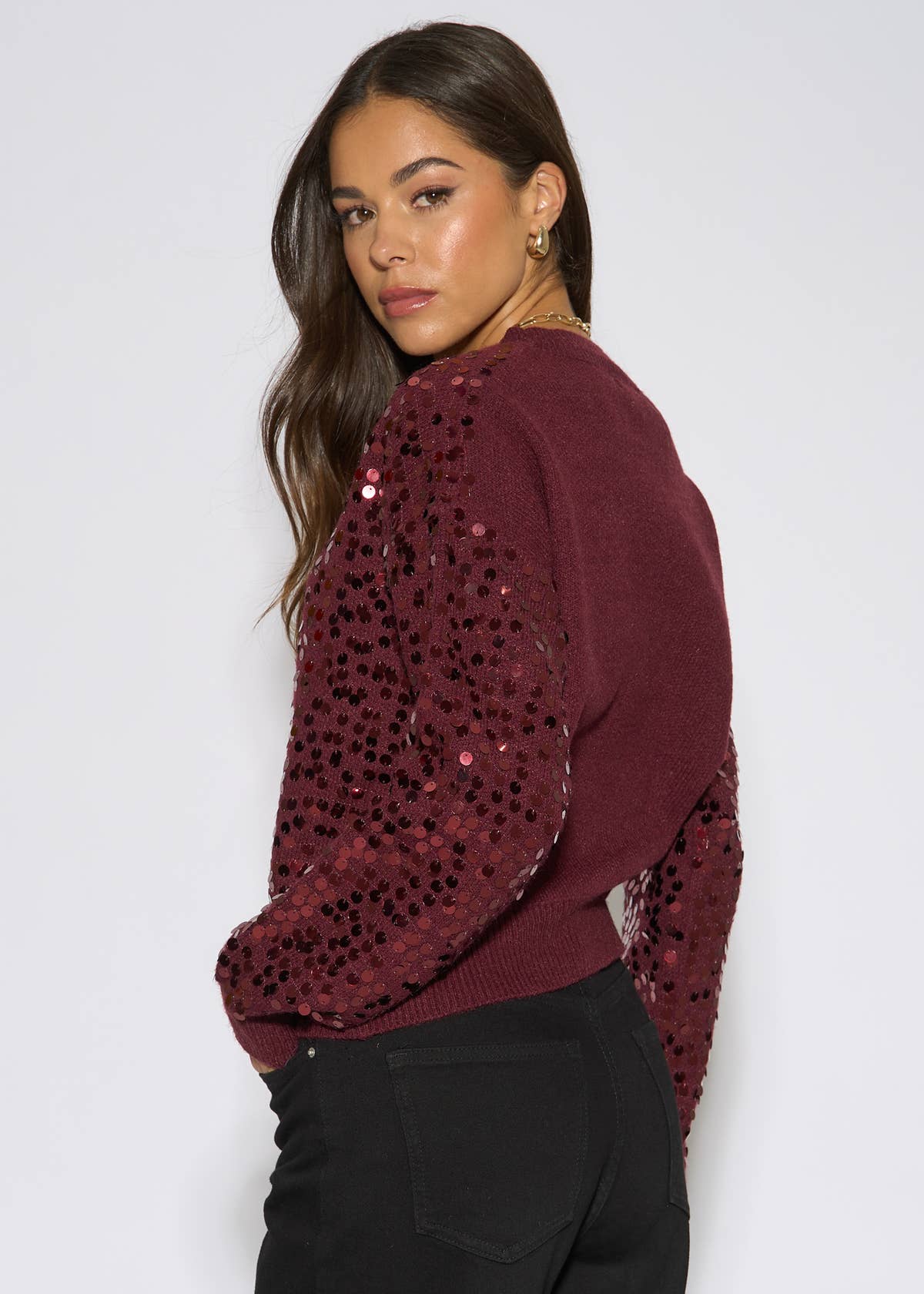 Mulberry Sequin Long Sleeves Knit Jumper – View 2 | Gini London