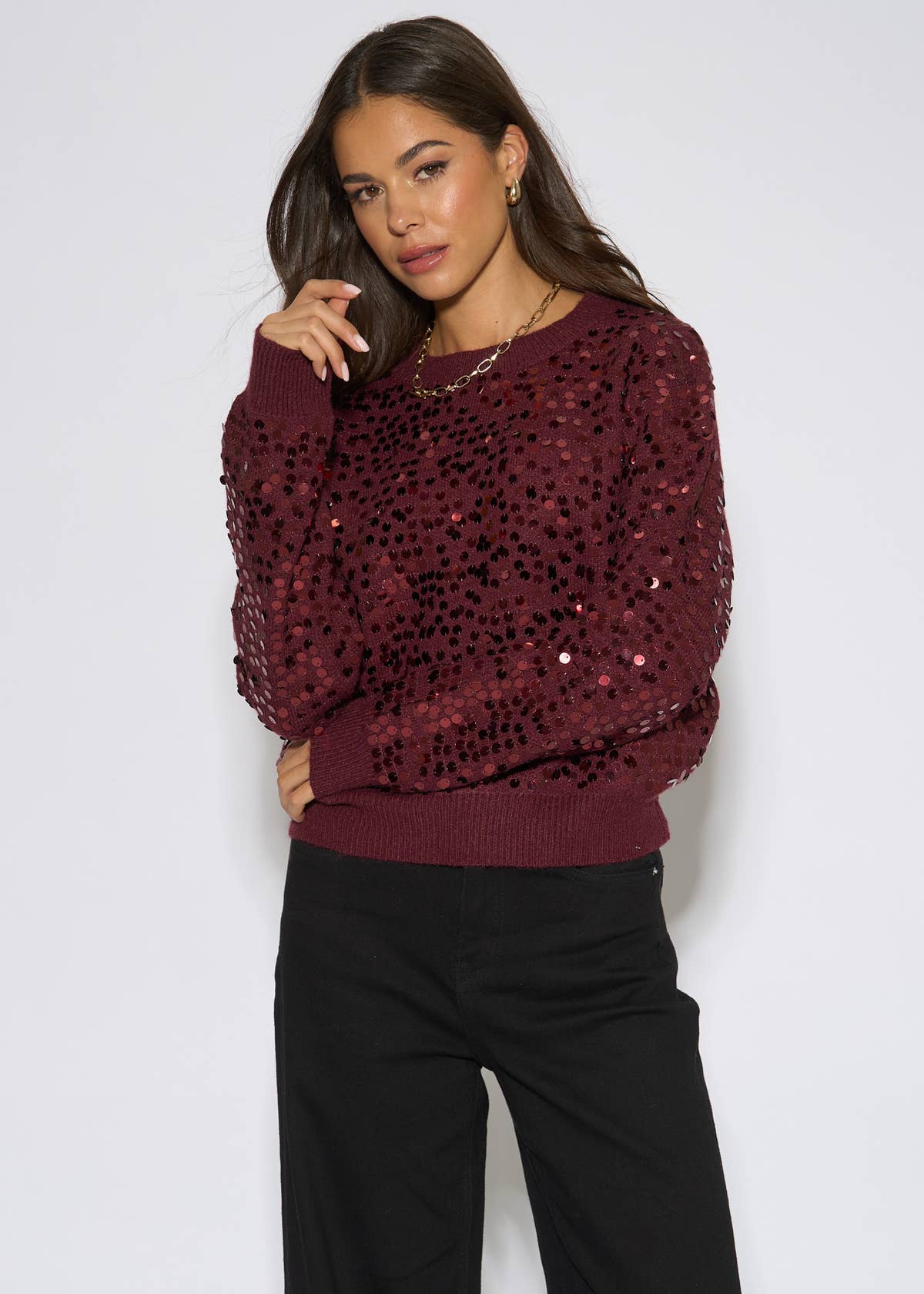 Mulberry Sequin Long Sleeves Knit Jumper – View 1 | Gini London