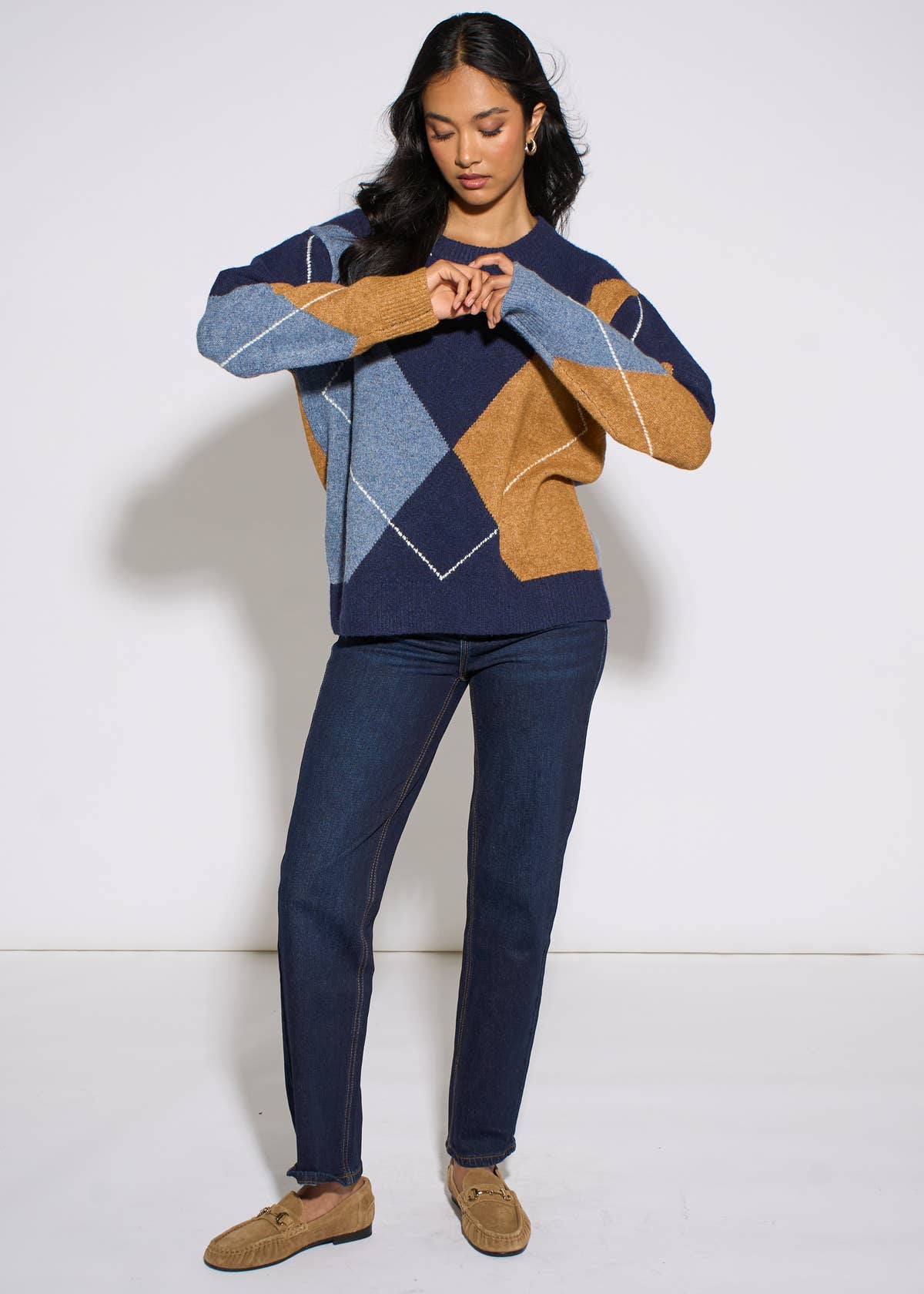 Navy Argyle Long Sleeves Jumper – View 3 | Gini London