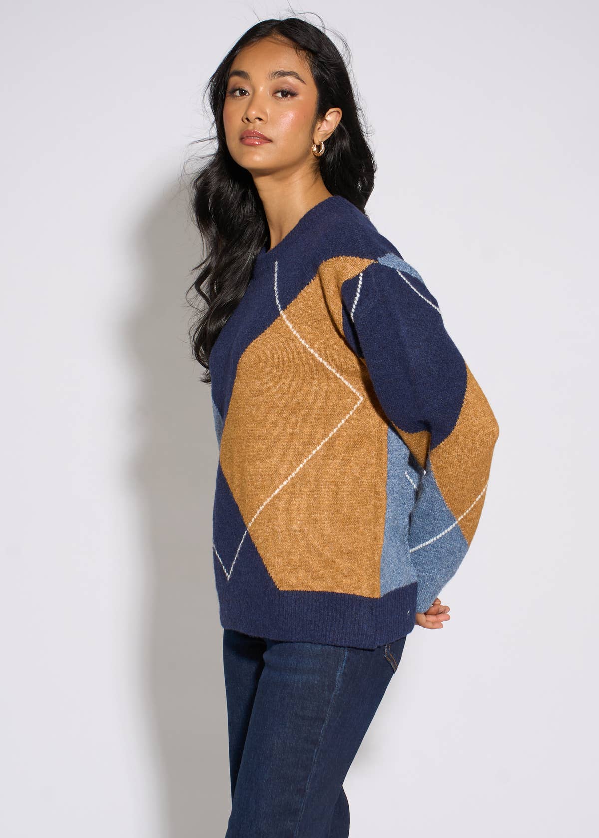 Navy Argyle Long Sleeves Jumper – View 4 | Gini London