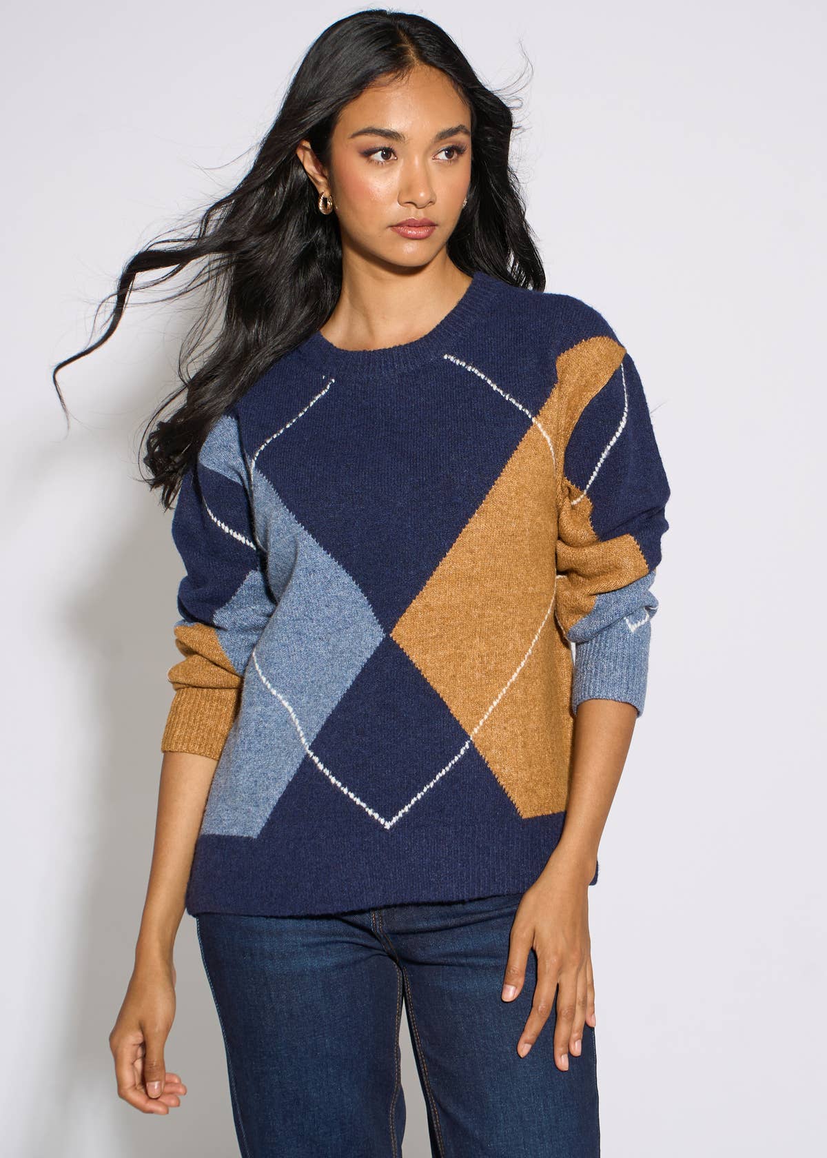 Navy Argyle Long Sleeves Jumper – View 1 | Gini London