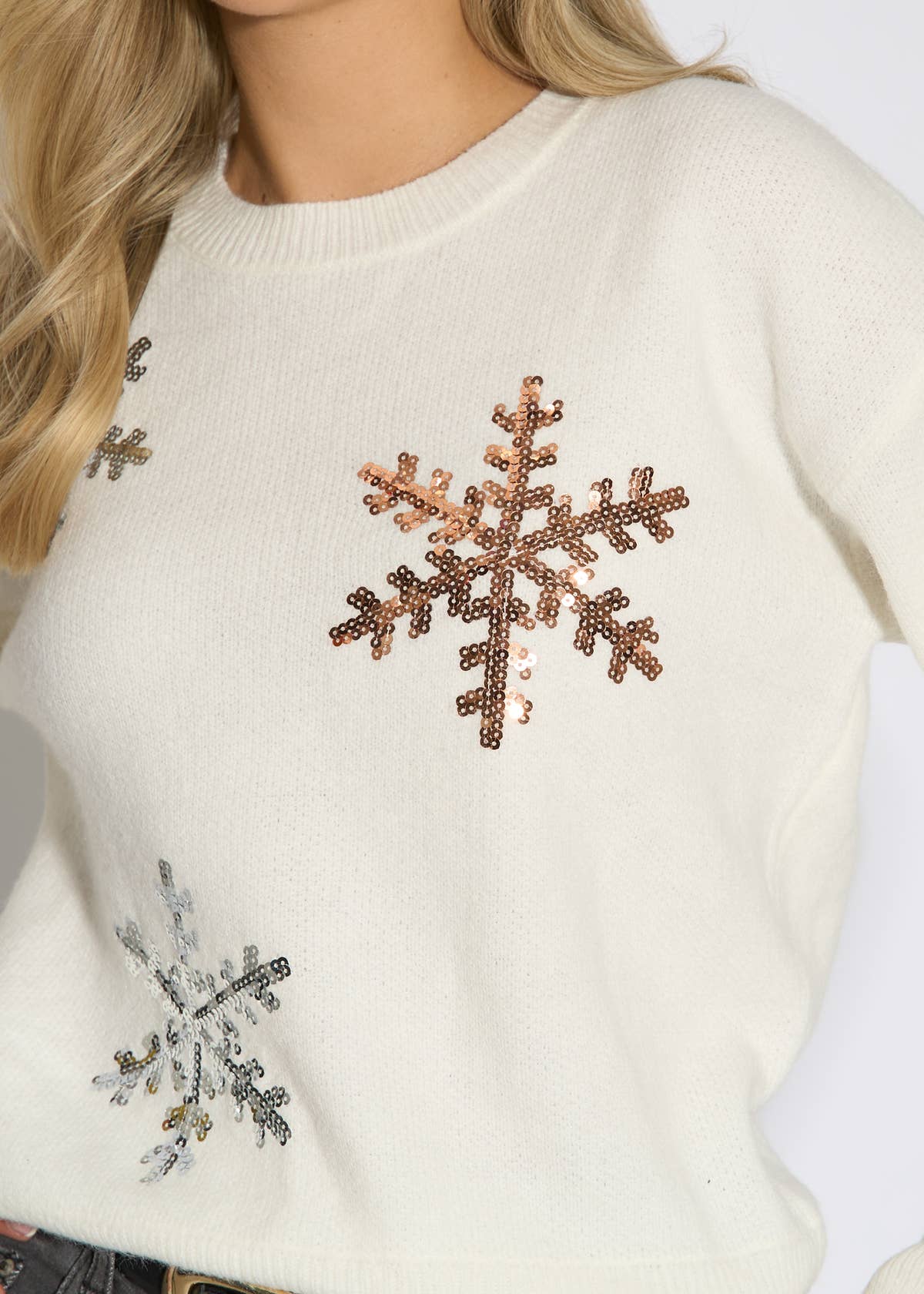 Off White Silver Sequin Snowflake Christmas Jumper – View 3 | Gini London
