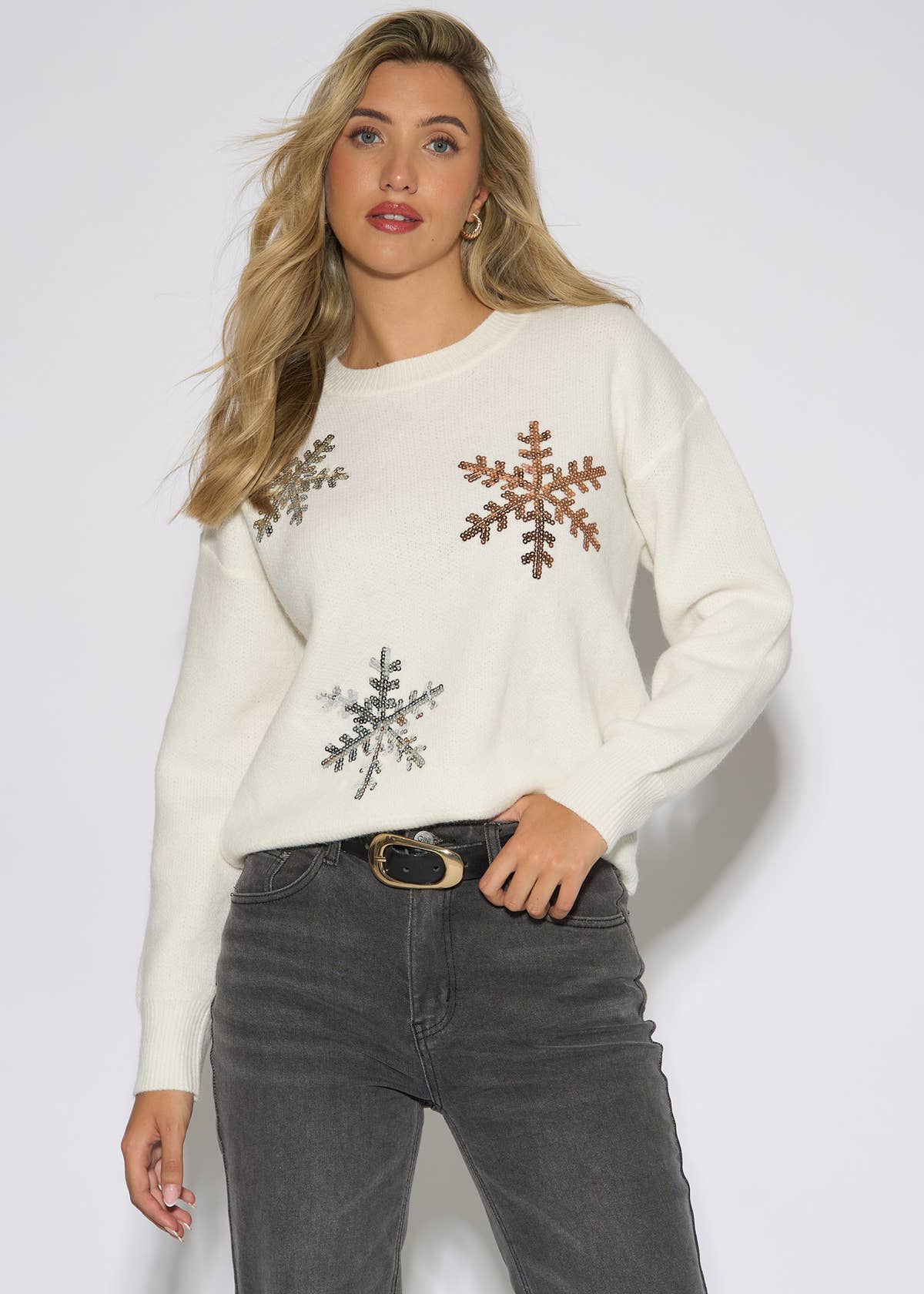 Off White Silver Sequin Snowflake Christmas Jumper – View 1 | Gini London