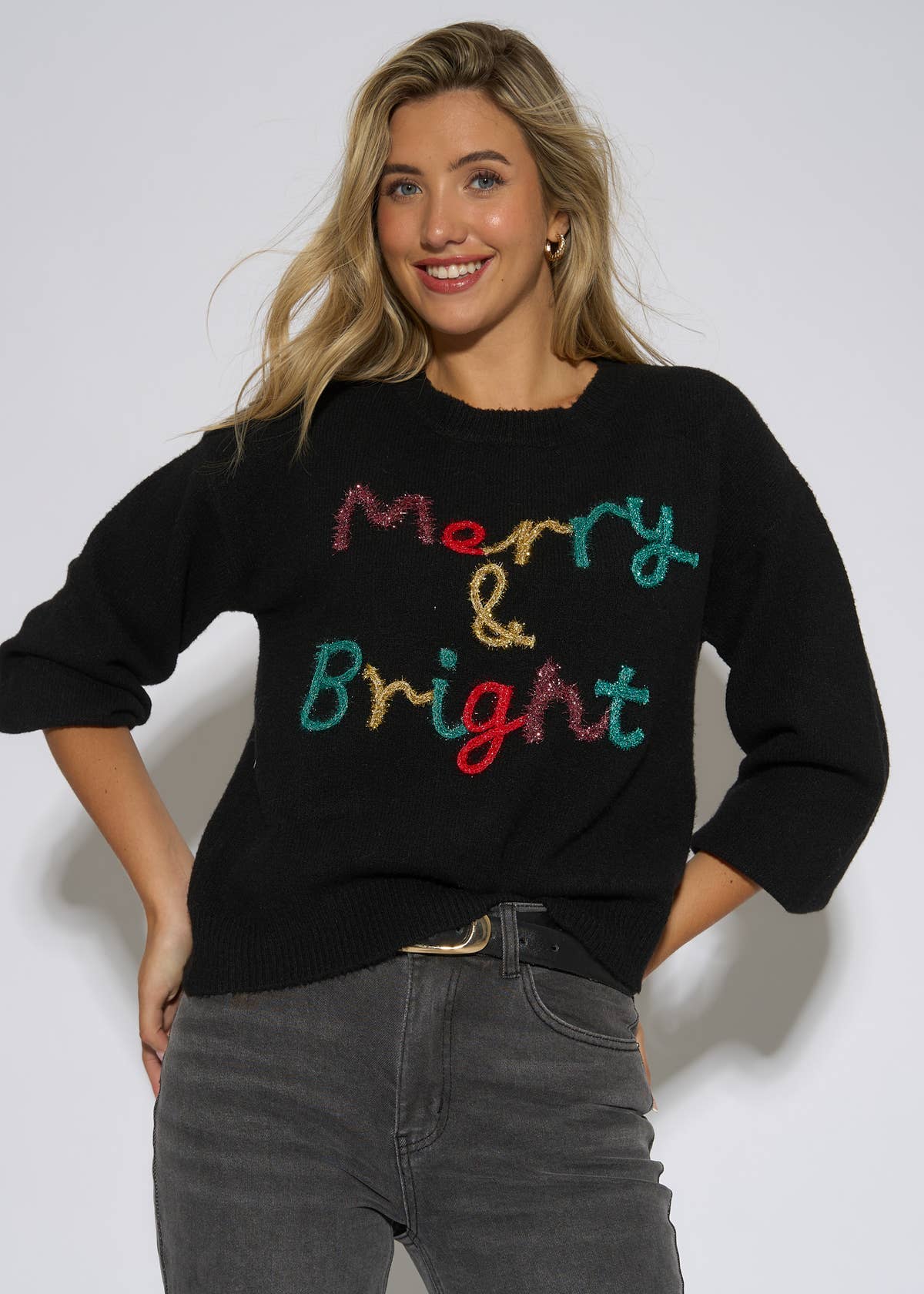 Black Merry And Bright Christmas Jumper – View 2 | Gini London