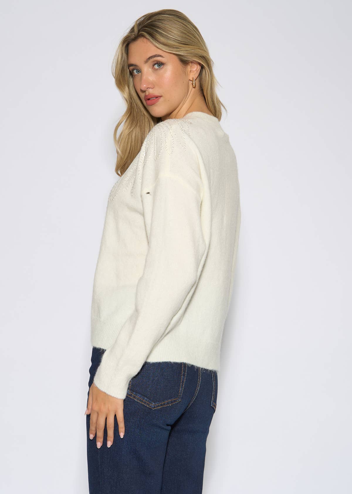Off White Angel Sequin Knit Cardigan – View 2 | Gini London