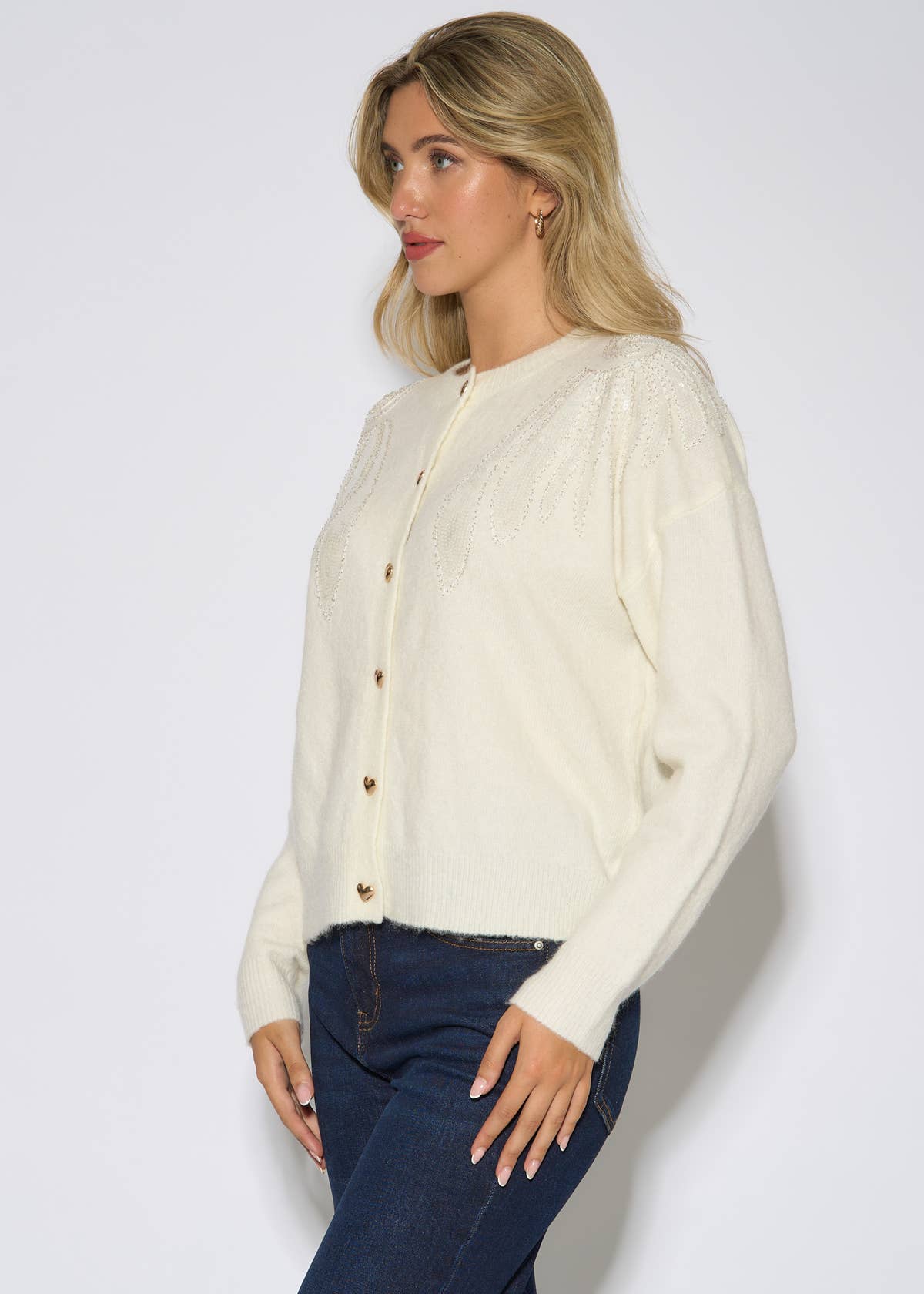 Off White Angel Sequin Knit Cardigan – View 4 | Gini London
