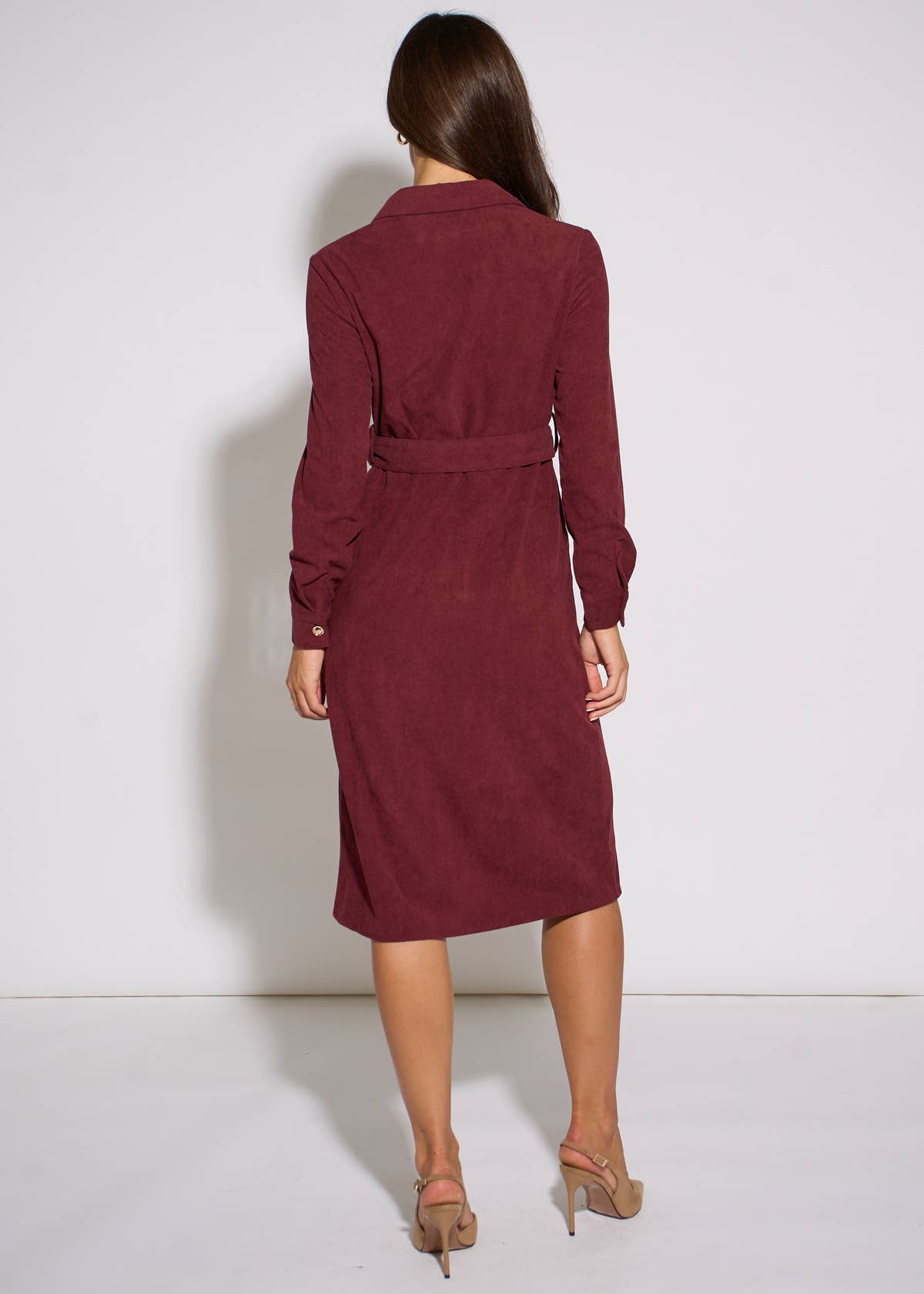 Mulberry Cord Belted Longline Shirt Dress – View 2 | Gini London