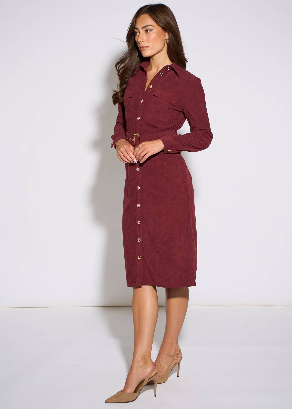 Mulberry Cord Belted Longline Shirt Dress – View 4 | Gini London