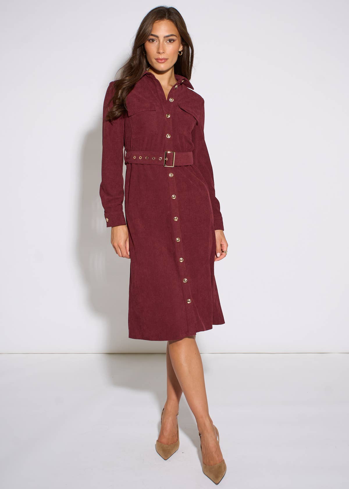 Mulberry Cord Belted Longline Shirt Dress – View 1 | Gini London