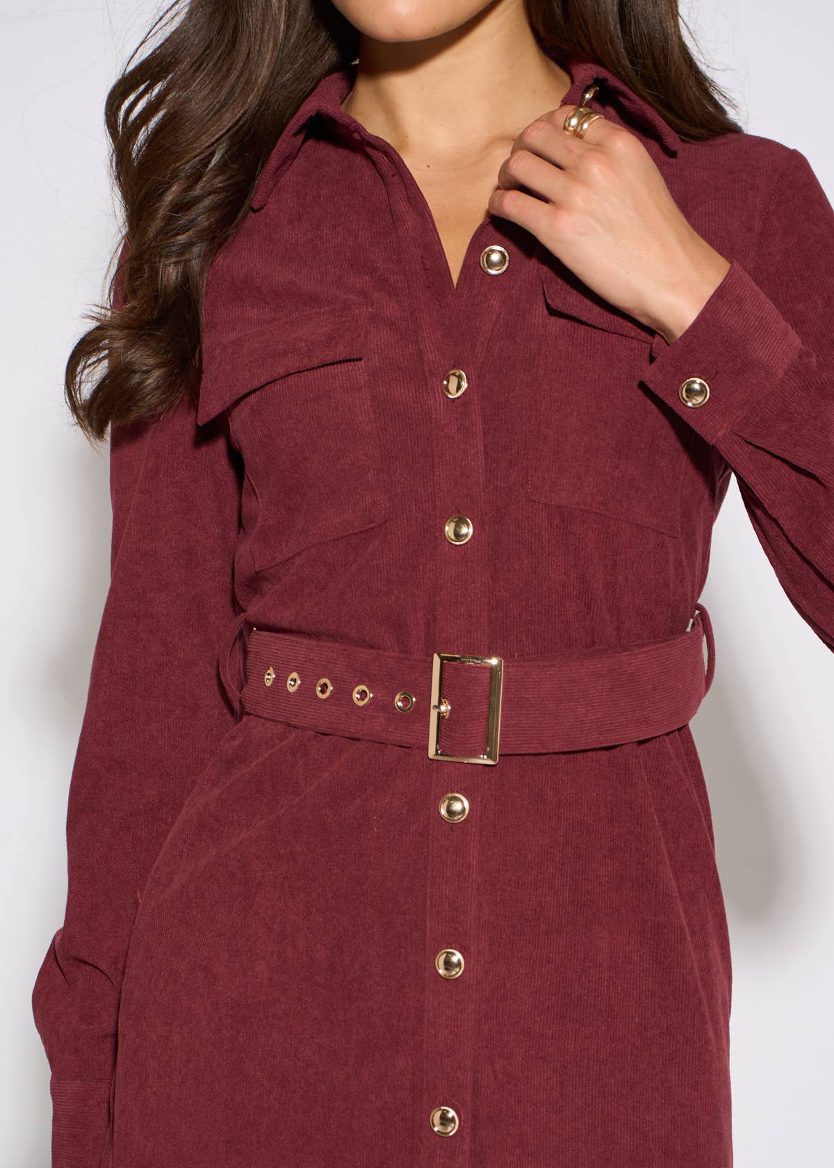 Mulberry Cord Belted Longline Shirt Dress – View 3 | Gini London