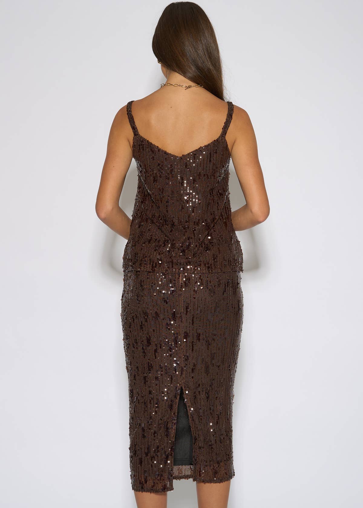 Brown Sequin Pencil Midi Skirt – View 6 | Gini London