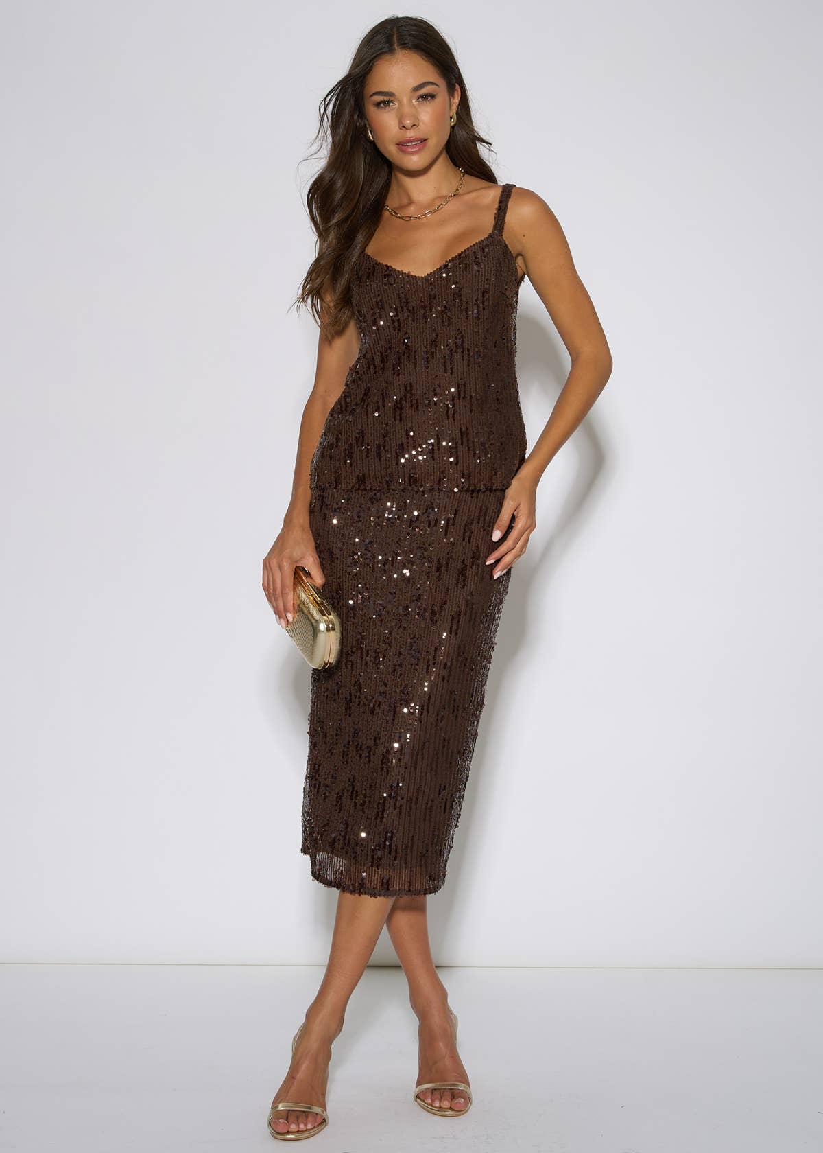 Brown Sequin Pencil Midi Skirt – View 5 | Gini London