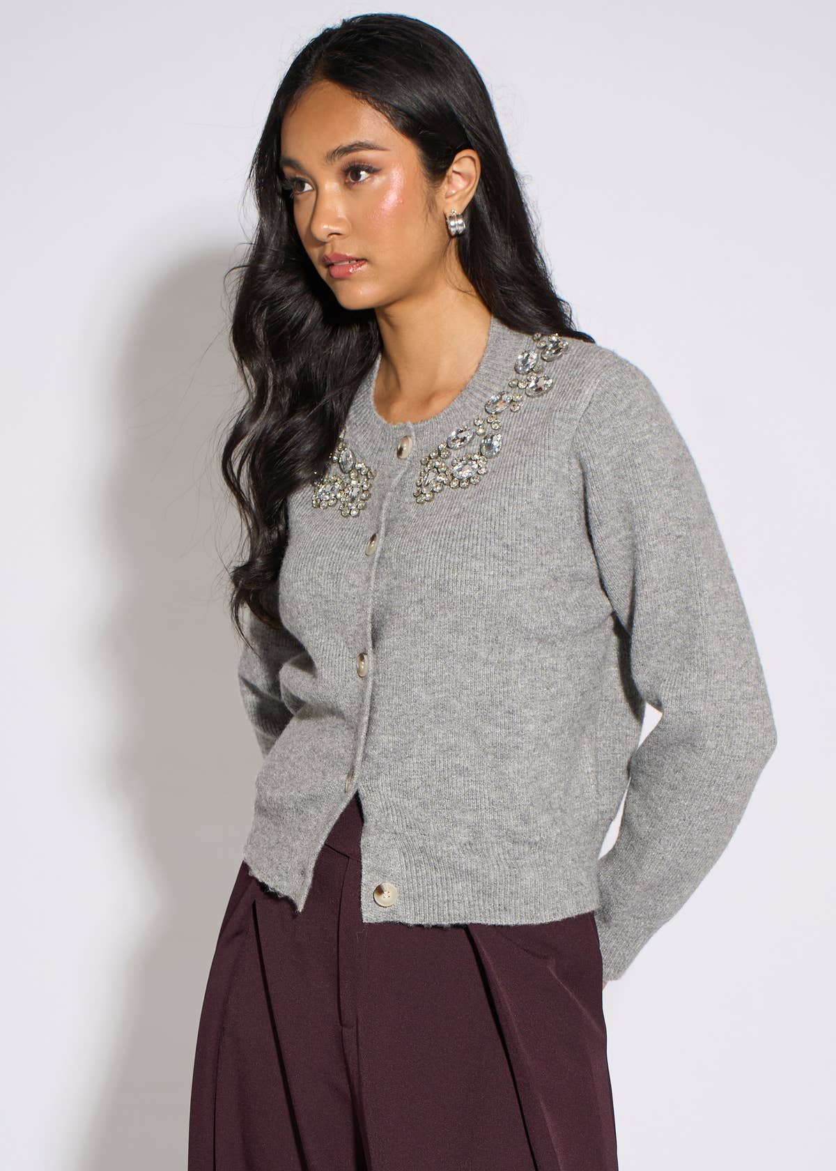 Grey Marl Diamante Embedded Knit Cardigan – View 4 | Gini London