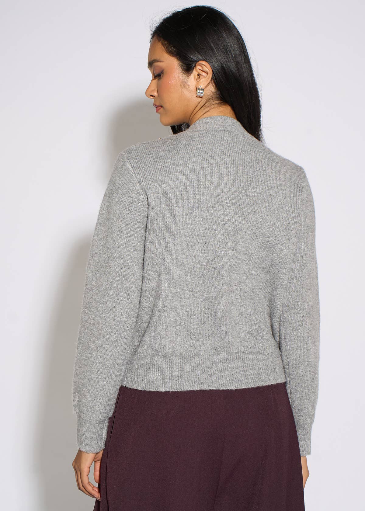 Grey Marl Diamante Embedded Knit Cardigan – View 2 | Gini London