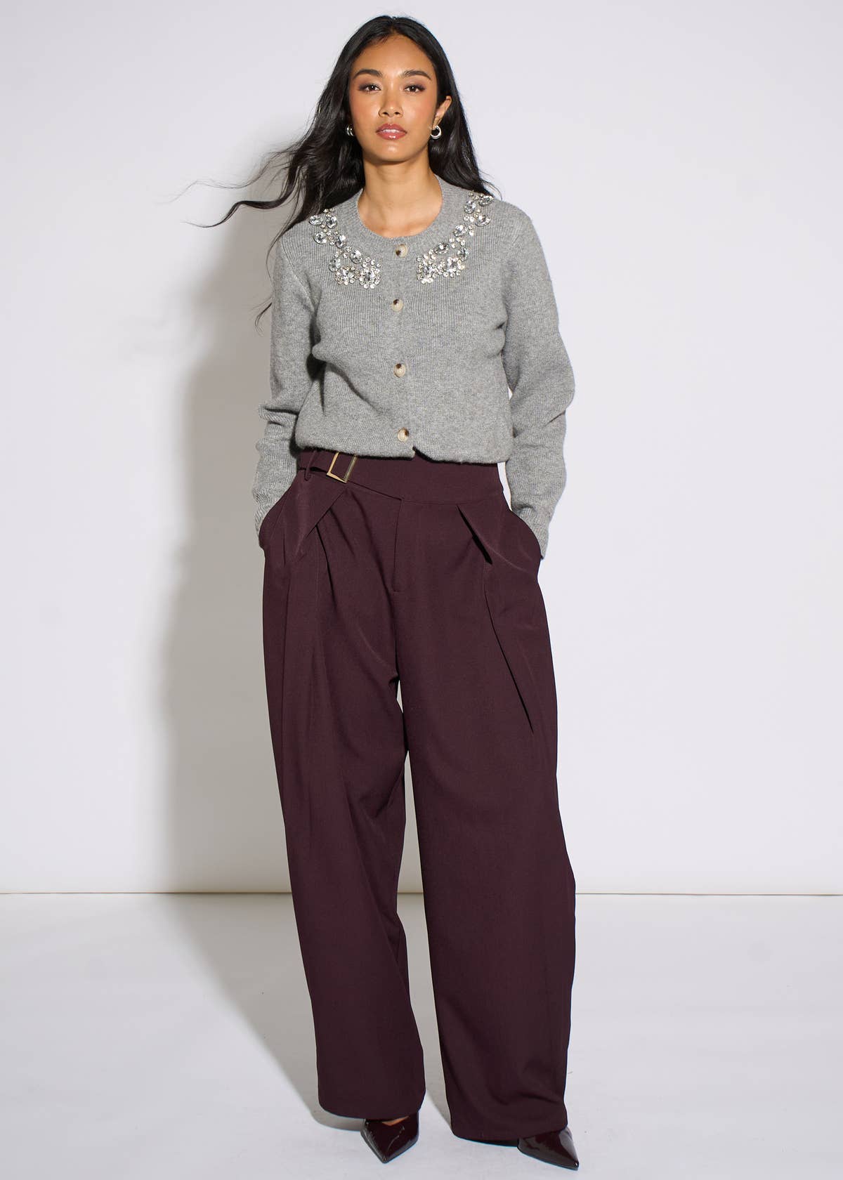 Grey Marl Diamante Embedded Knit Cardigan – View 3 | Gini London
