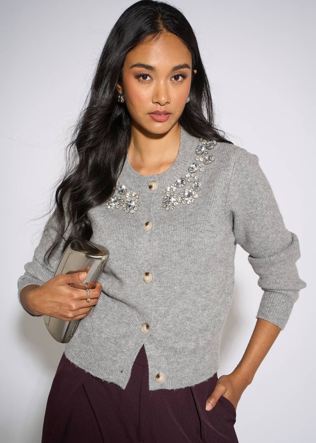 Grey Marl Diamante Embedded Knit Cardigan – View 1 | Gini London