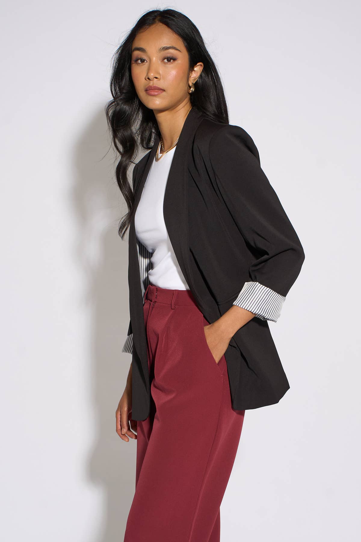 Black Contrast Sleeve Edge To Edge Blazer– View 4 | Gini London